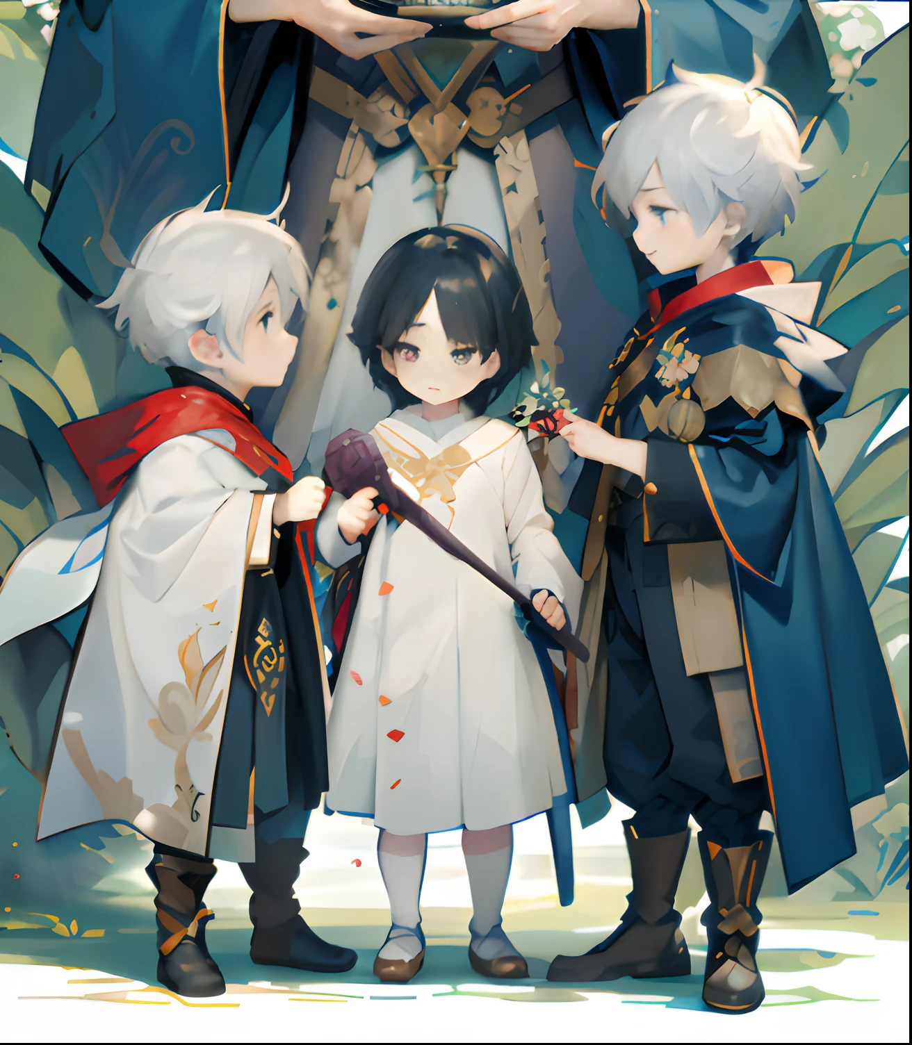 Wearing a costume and holding a sword、Anime character standing in front of a tree, guweiz on pixiv artstation, guweiz on artstation pixiv, artwork in the style of guweiz, lalafell, coronation of the flower prince, The Three Princes of the Future, from bravely default ii, children's art in artstation, guweiz, Three Dwarven Brothers