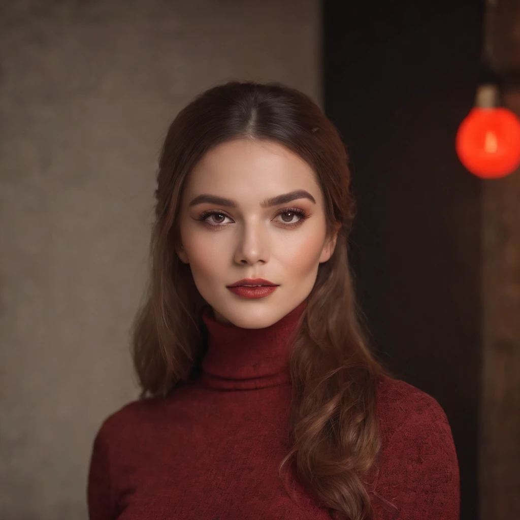 Full body photo,Woman with hair and gorgeous makeup, 70s style model pose, turtleneck top, red lights, half-length shot, high-quality photo,Long shots