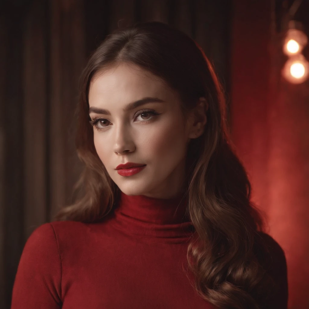 Full body photo,Woman with hair and gorgeous makeup, 70s style model pose, turtleneck top, red lights, half-length shot, high-quality photo,Long shots