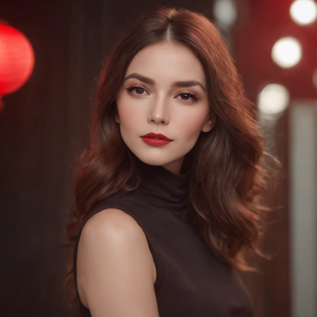Full body photo,Woman with hair and gorgeous makeup, 70s style model pose, turtleneck top, red lights, half-length shot, high-quality photo,Long shots