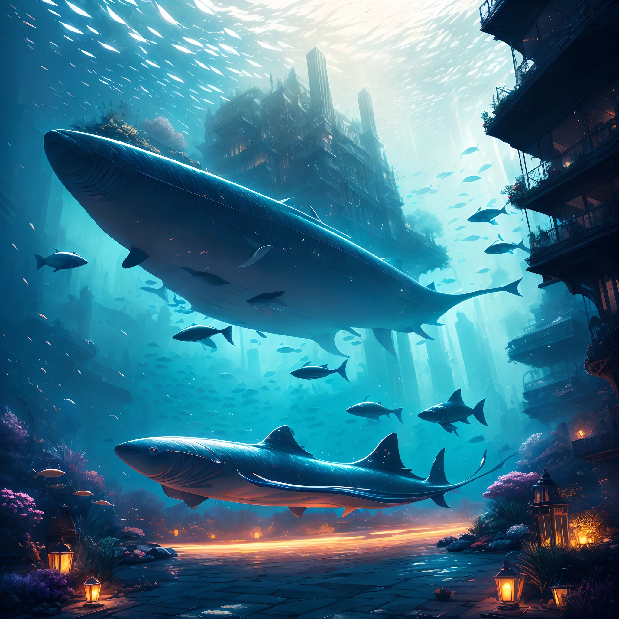 Under the sparkling ocean，Hidden is a stunning underwater city，magnifica，spectacular，A large number of advanced underwater industrial equipment is densely packed，Lights and defensive weapons are everywhere，Unmanned underwater vehicles and autonomous mining machines in operation，Large submarines and sightseeing submarines come and go，Walk through schools of fish，Epic，detail-rich，It forms a spectacular sight，Use Pixai to bring powerful AI models to life, Show the limitless creativity and possibilities of our imagination. Experience the future of the cityscape at Pixai，Immerse yourself in a visionary world of art，the detail, Masterpiece, Best quality, 8K, (Oily skin, cell-shaded:1.3), line art in colour, (The art of Maciej Cuciara:1.15), art of greg rutkowski，Intricate details, finetextures, Surreal，Perfectcomposition，A detailed，Cinematic texture，realisticlying，photorealestic，HighestQuali，，Version tone mapping， highly  detailed， Smoothness， Sharp focus， Beautiful illustration， Epic effect，photore， The light from the back window is backlighted， 动态照明， Mist， 复杂， filmgrain， professinal，，Volumetriclighting， subsurfacescattering， Good highlights， Good shadows， cinematic ligh，Beautiful studio soft light，rim-light，ellegance，beatiful background，rendering by octane，HR Giger style，8K，top Quority，tmasterpiece，illustratio，smooth and beautiful，highly  detailed，CG wallpaper，（realisticlying，Fidelity：1.37），outstanding，Exquisite details，tmasterpiece，top Quority，offcial art，Very verbose
