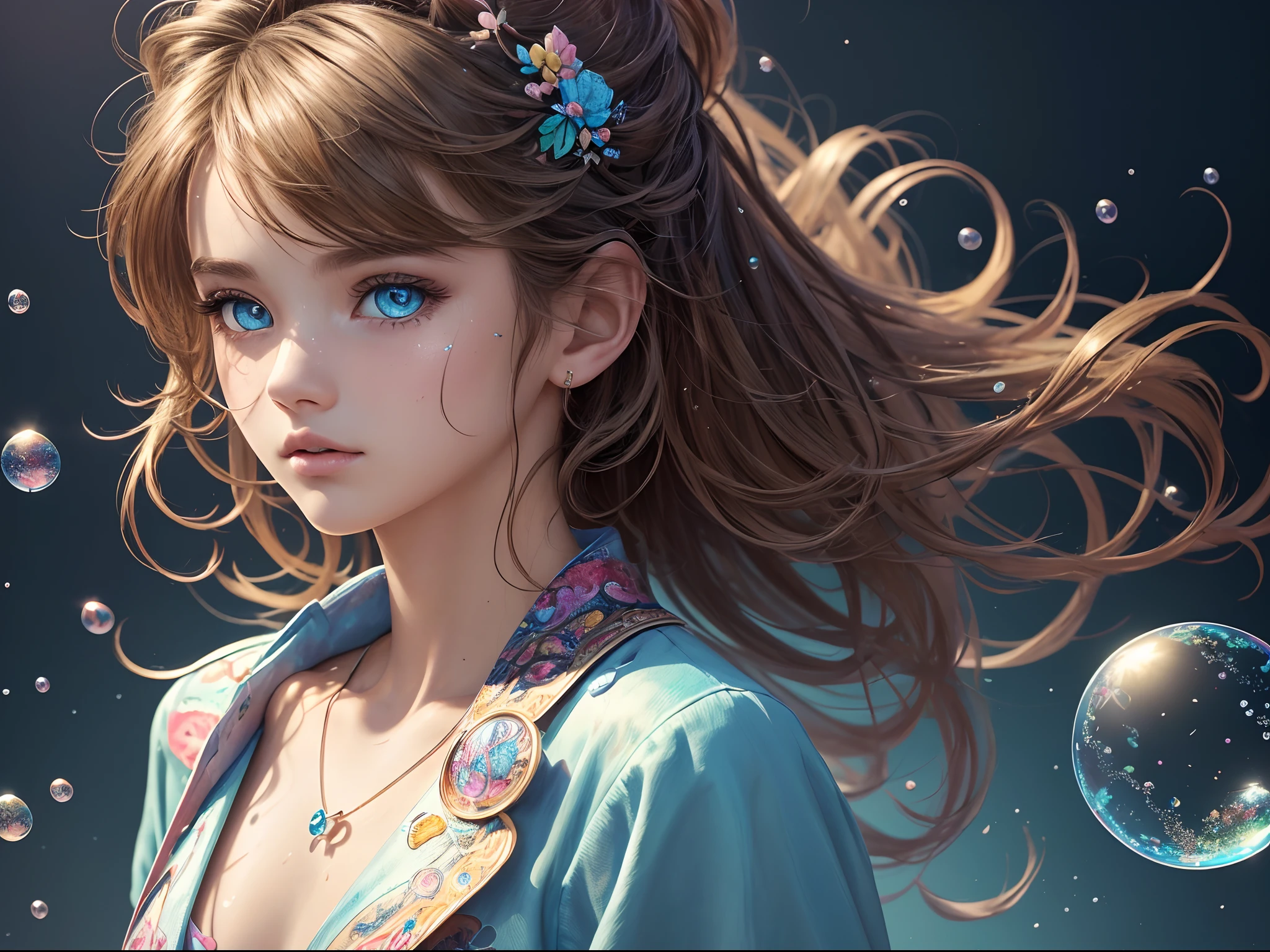 (Masterpiece), (Best quality), (Ultra detailed),(Messy hair),(illustration), (1boys,1girll), Avatar, Macro lens, (Fashionable clothing), standing,Fashion model, view the viewer, ( interview), (Simple background), Beautiful detailed eyes, Exquisite beauty, Floating, (High saturation), (colorful splashs), colorful bubble, (Shining), focus on chest,
