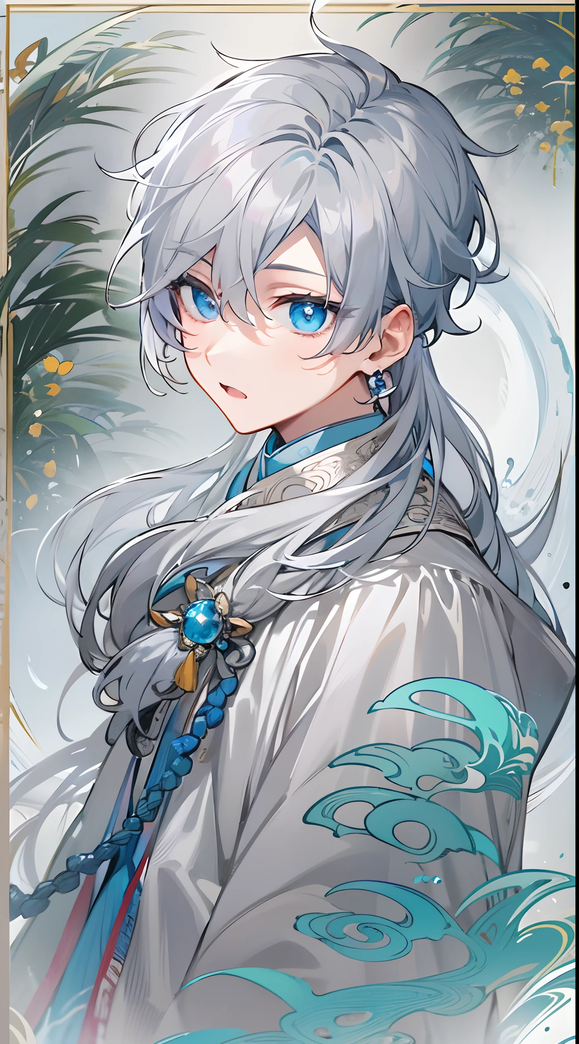 tmasterpiece,Need,超高分辨率,shoun,Chinese ancient style,(Short silver-gray hair),blue color eyes,Libido boy,adolable