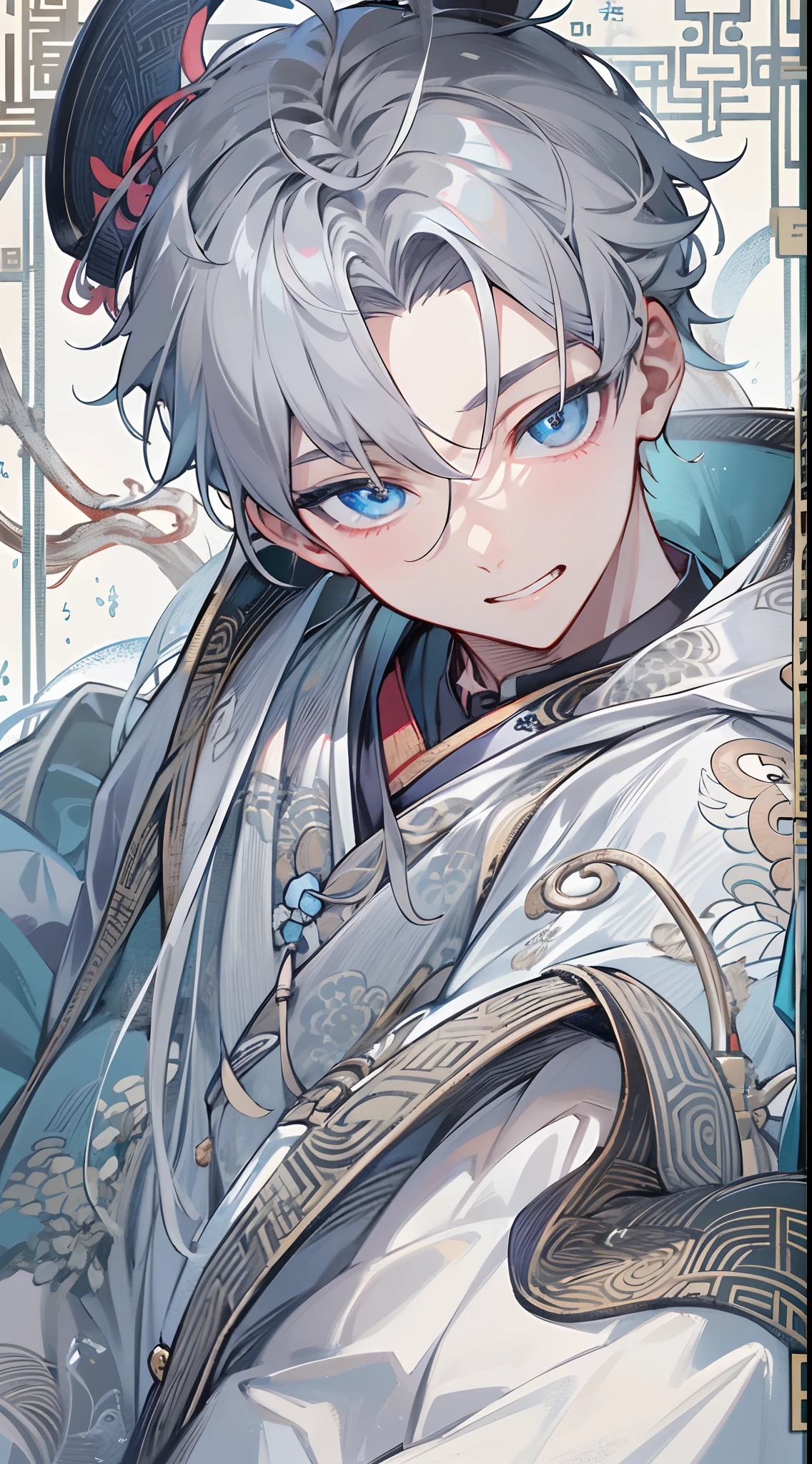 tmasterpiece,Need,超高分辨率,shoun,Chinese ancient style,(Short silver-gray hair),blue color eyes,Libido boy,adolable