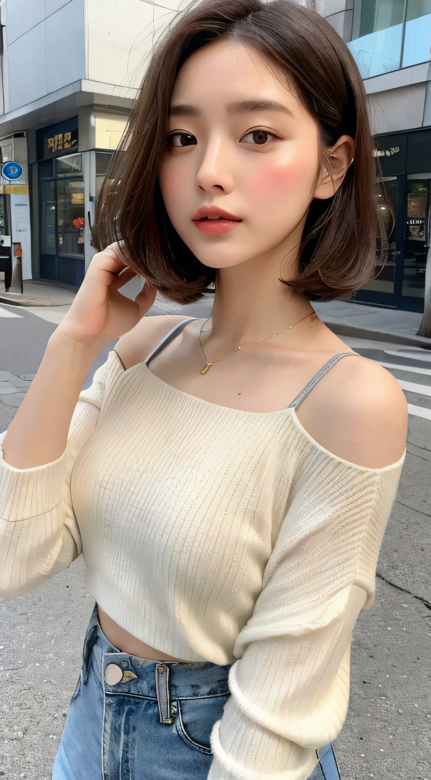 ((best qualtiy,8K,tmasterpiece:1.3)),,Perfect beauty:1.4,glute:1.2,(Layered Hair Style:1.2)),(the street:1.3),Highly Detailed Face and Skin Textur,full bodyesbian,Elaborate Eyes,二重まぶた,Whitens the skin,Short wave hair,Cute Korean beauty(with a round face:1.5),(Loose top,shorter pants:1.6)