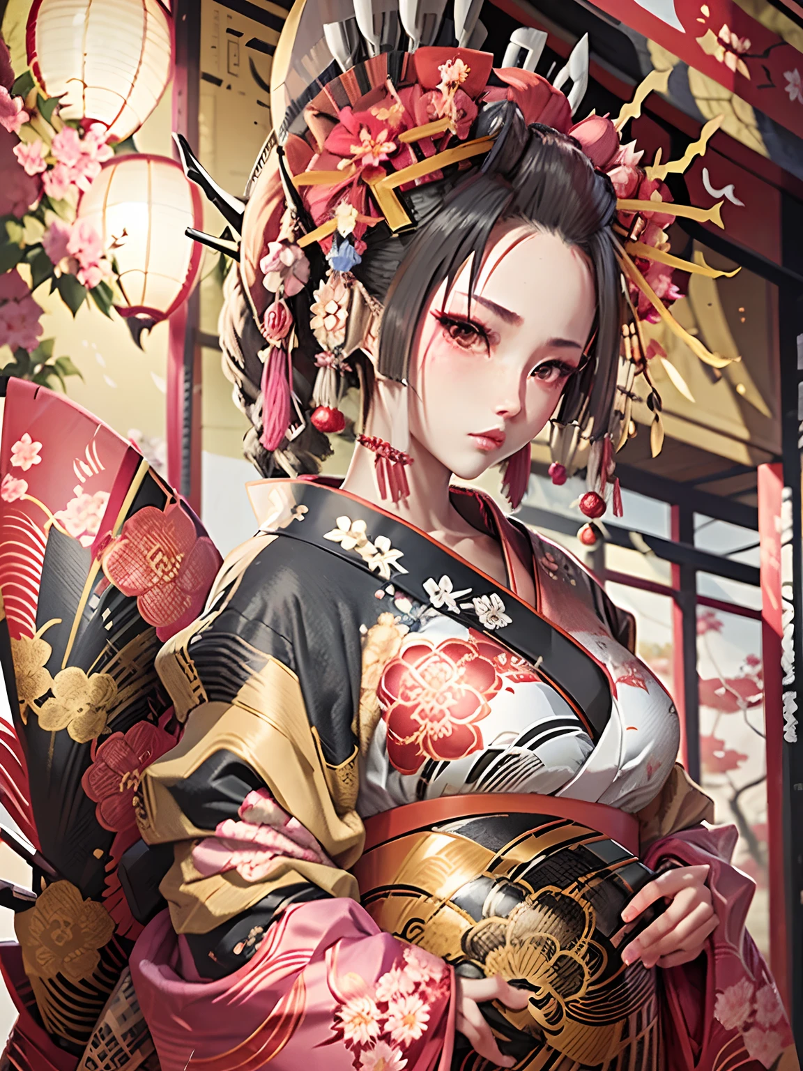 Based on black、Style Feminine Flower Samurai Chibi. cyberpunked、She is a graceful figure, Stylish、ewd bra、Silk kimono decorated with cherry blossom print. Her sword, Decorated with petals on the handle, It is an extension of her connection to nature, Eta、She took advantage of the mastery of the wind、Creates a strong wind of petals during battle.
