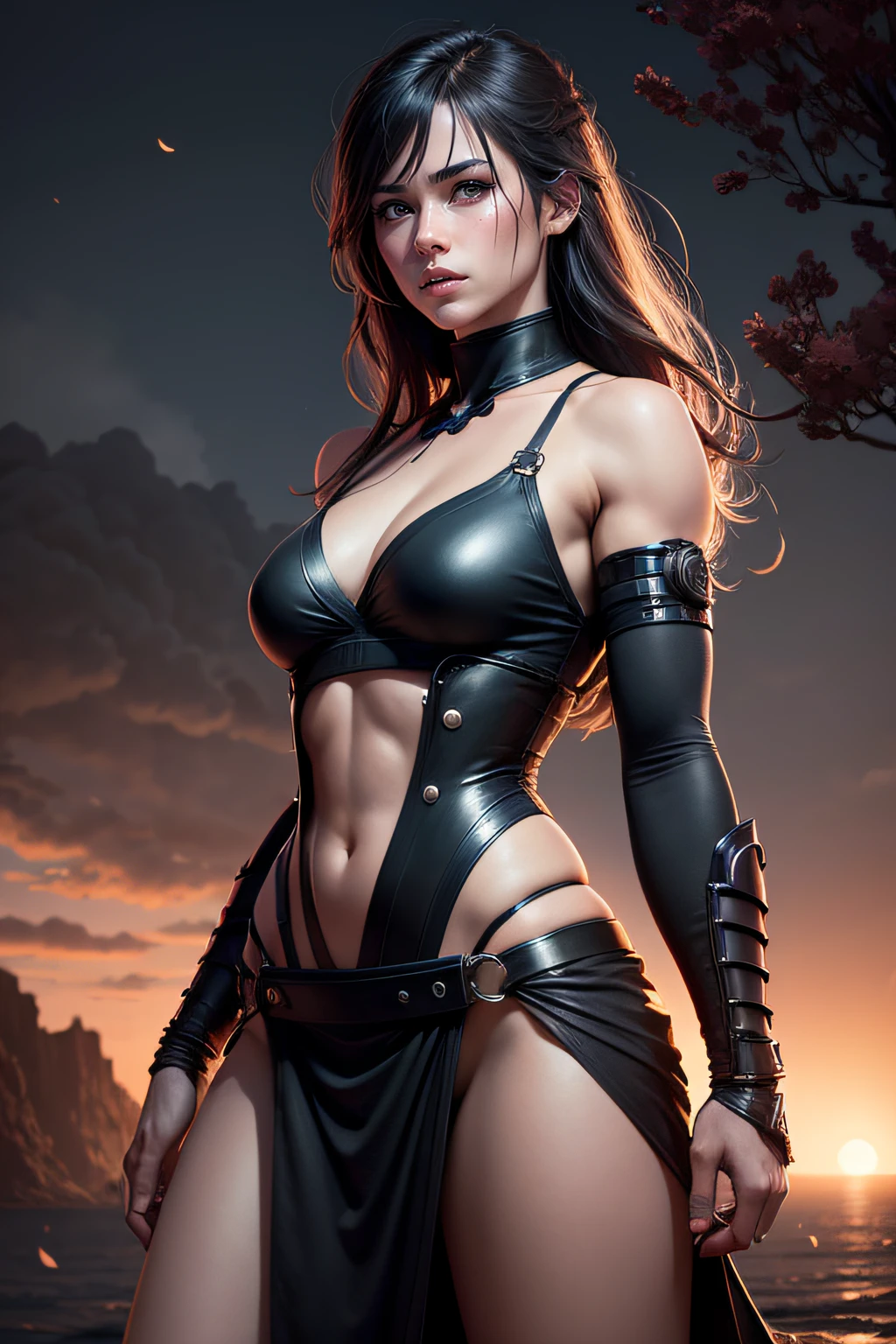 Sakura from naruto fighting pose, details modern clothing, HDR, UHD, 64K, highly detailed, professional photography , sketch style, ink scratches, sharp lines, trending on artstation, realistic engine, vivid colors , high resolution scanning, The camera details everything, Moonlight highlights your muscles and scars. The scenery is lush and mysterious, with a dark city and surroundings. The camera details everything.