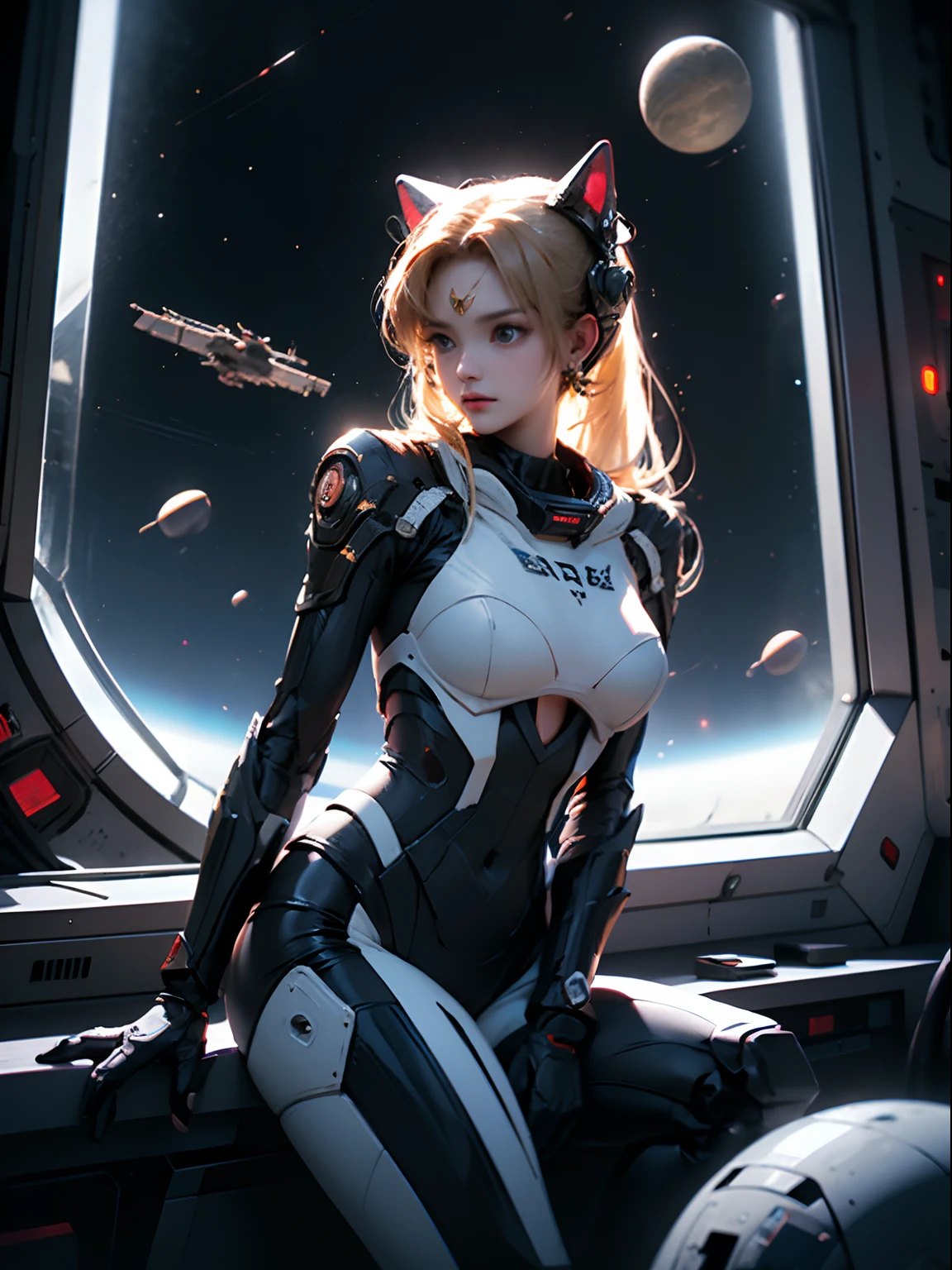 Unbeatable masterpiece, Ultra photo realsisim, Perfect Artwork, Intricate details, Best Quality, strong lights , High contrast, Dynamic Pose, Dutch Angle , Solo , Large breasts , 1girll , 12ear old, (space suits:1.1) ,Staravia , Floating hair , Science fiction , in spacecraft , console , Sit in front of the console , SF Ornaments , A giant robot jumps out of the window , Let's go horizontal and vertical. , Or bury fish bones in a month , Find a phantom cat, To the alien wedding , Ride the Meteor roller coaster ,