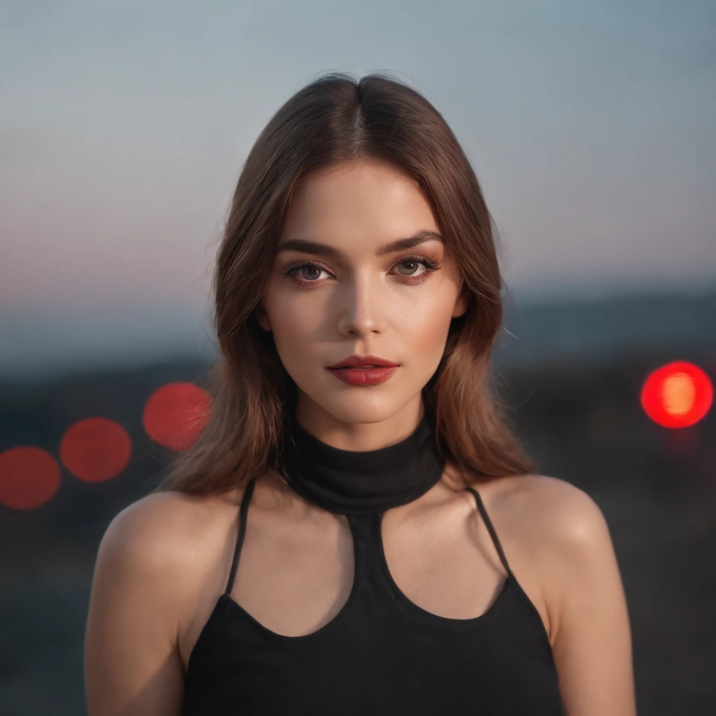 (Best quality,Realistic long),Full body photo,Woman with hair and gorgeous makeup, 70s style model pose, turtleneck top, red lights, Long shots, high-quality photo,Long shots