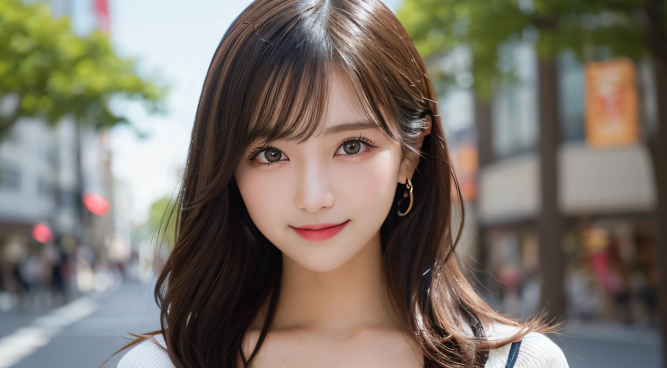 masutepiece、Best Quality、Illustration、 ultra-detailliert、hight resolution、8K Wallpapers、Perfect dynamic composition,、Beautiful detailed eyes、Women's Fashion Summer、Medium Hair、(Beautiful Large Breasts:1.3)、Natural Color Lip、Bold sexy poses、Smile、Harajuku、20 years girl、Cute、Sexy shot looking at camera