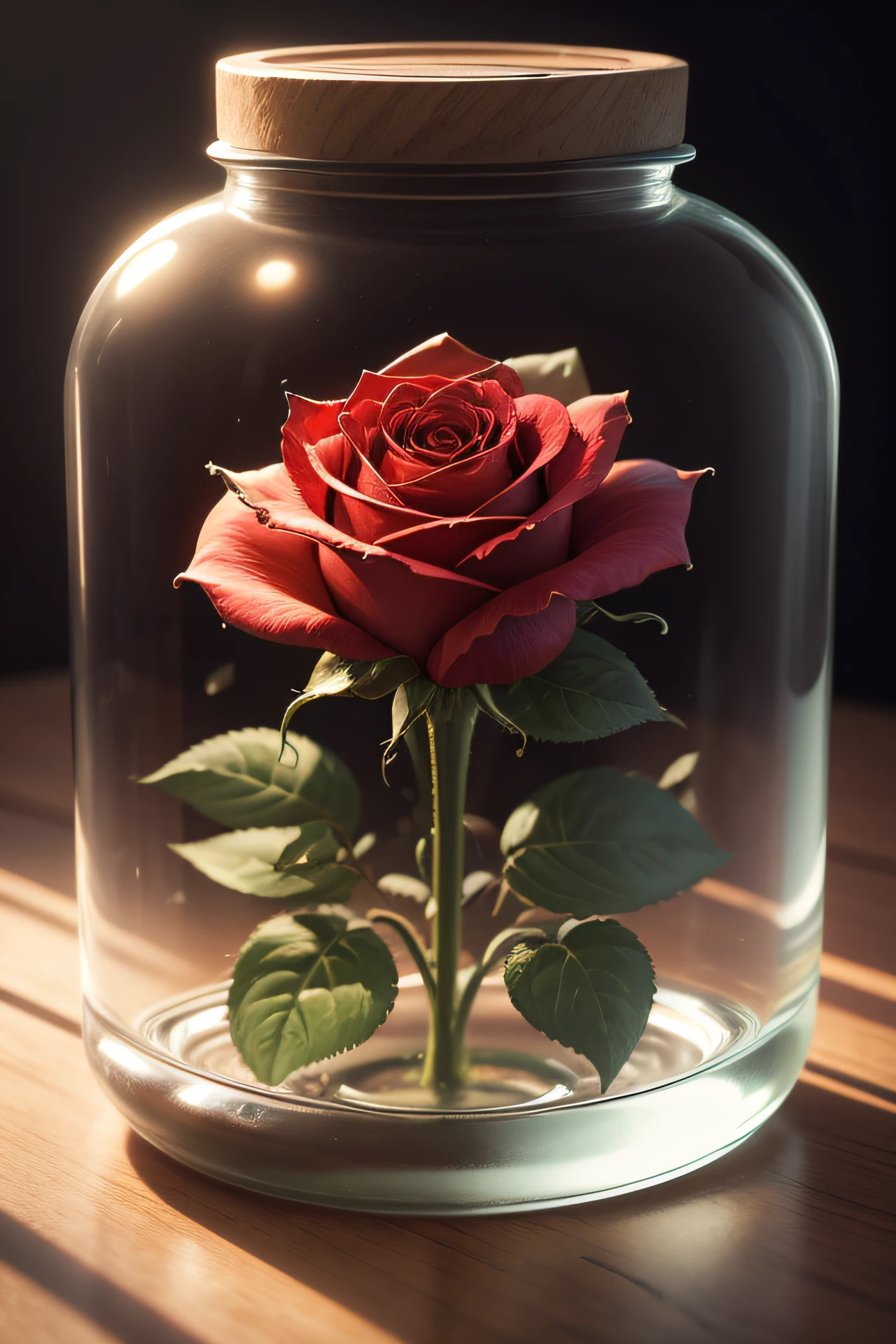 （concept-art）， （A rose made of intricate gold，Surrounded by starlight，Trapped in a bottle）， Biosymbiosis， Thick glass，rainbowing，Weathered， Atmospheric Oliva lighting， On a table， 4K Ultra HD， Dark vibes， ultra - detailed， vivd colour， Epic composition， rendering by octane， Sharp focus， A detailed， 复杂， （Reflectors， refractions， Caustics：0.6）， （High resolution equidistance）， 8K， hdr， realisticlying：1.4