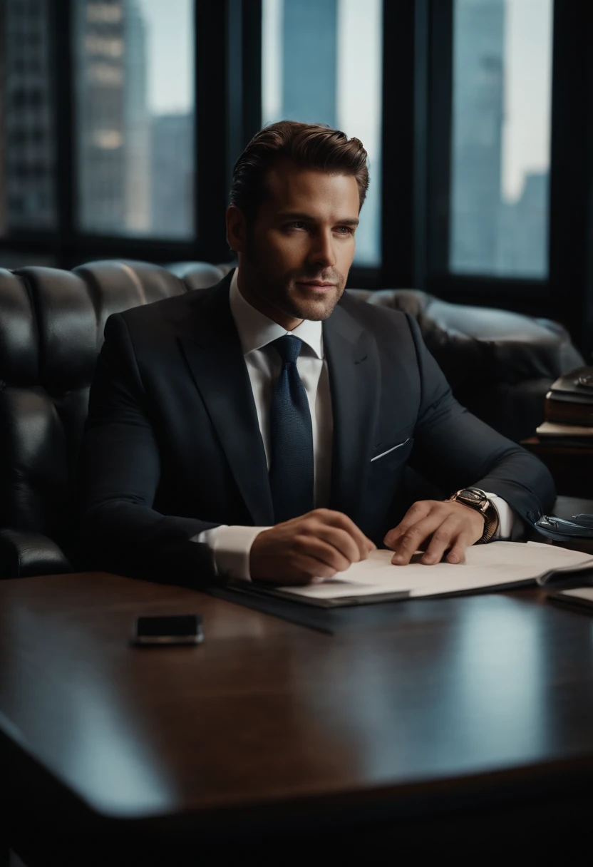 Portrait of a businessman in new york sitting behind his desk with a suit this man must be handsome and elegant the image must be clear sharp and in 8k and behind him one must see new york