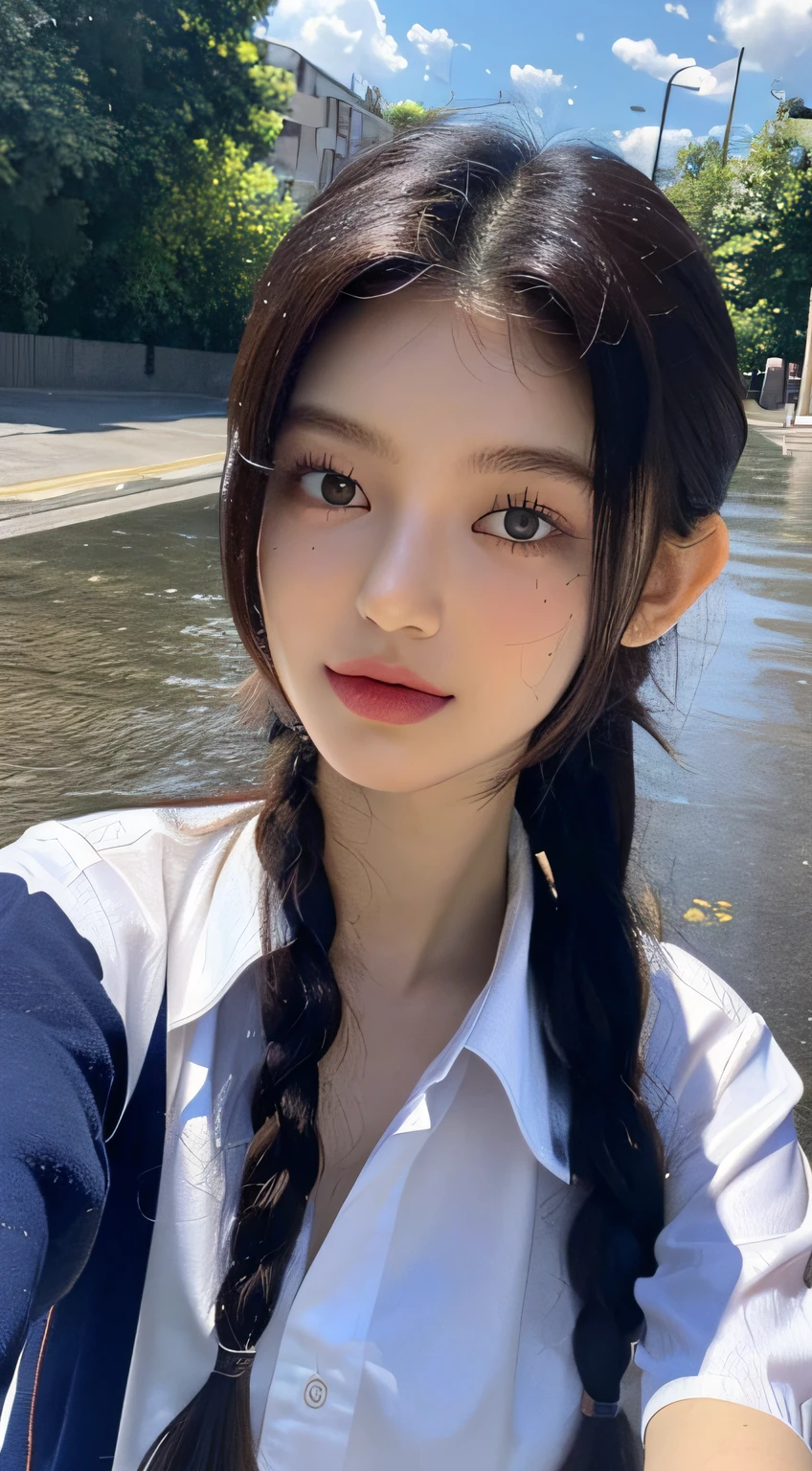 ((Best Quality, 8K, Masterpiece: 1.3)), Sharp: 1.2, Perfect Body Beauty: 1.4, Slim Abs: 1.2, ((Long Hair 1.2)), (Wet White Button Long Shirt: 1.1), (Rain, Street: 1.2), Wet: 1.5, Highly Detailed Face and Skin Texture, Fine Eyes, Double Eyelids, Looking at the Camera