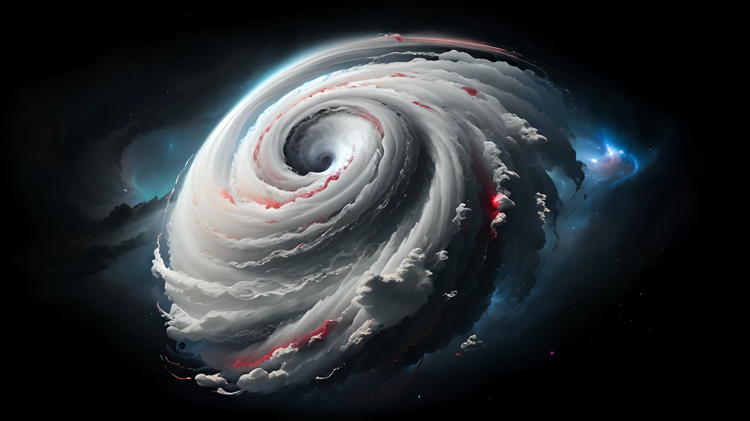 Add ruby red and red spiral arms from cloud bands to the cyclone, These extend outwards from the center along the existing spiral and are visible in the cyclone, Gestalte die wolken realistischer, gestaltet die wolken impsanter,