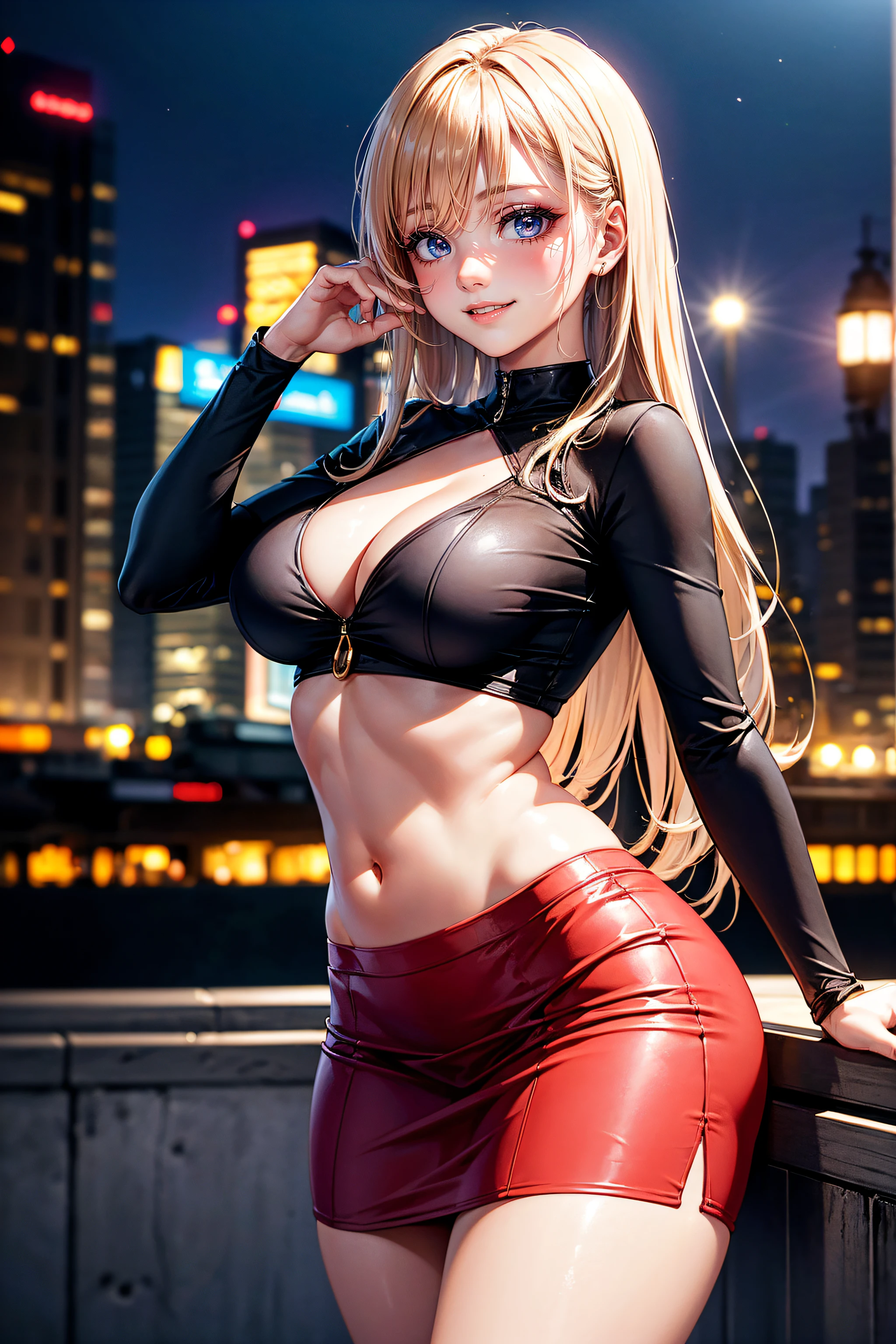 ((Cute and beautiful woman changing clothes)), ((22-year-old beauty)), ((embarrassed smile)), ((luscious long hair)), ((voluptuous bust)), ((outstanding style)), ((miniskirt)), ((gradient eyes)), ((background is a city night view)), attractive makeup, single view, NFFSW, UHD, retina, masterpiece, accurate, anatomical, scientifically correct , textured skin, super detail, high detail, high quality, award winning, highest quality, high resolution, 1080P, HD, 4K, 8k, 16k