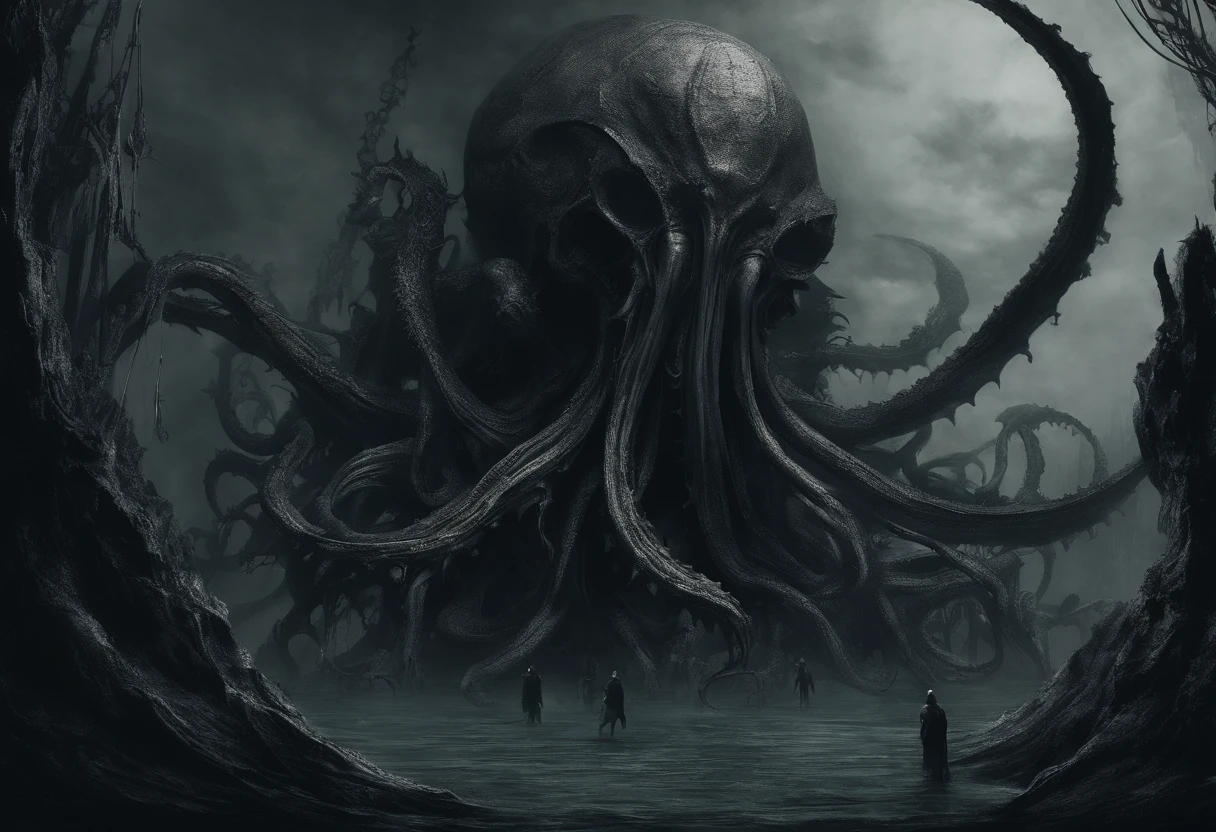 abyssal:2,ocean floor:2,Cthulhu Palace, Scary, Weird, Thrilling, Evil, Pitch black, Whispering of the evil god, Huge tentacles crawling on the ground, Dead,Panorama Figures