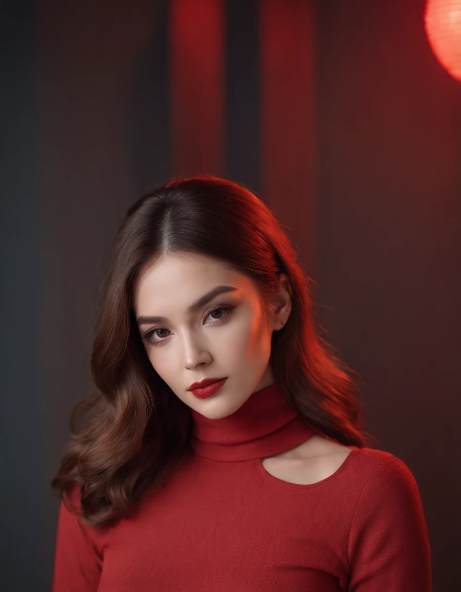 Full body photo,Woman with hair and gorgeous makeup, 70s style model pose, turtleneck top, red lights, full body shot shot, high-quality photo, Long shots