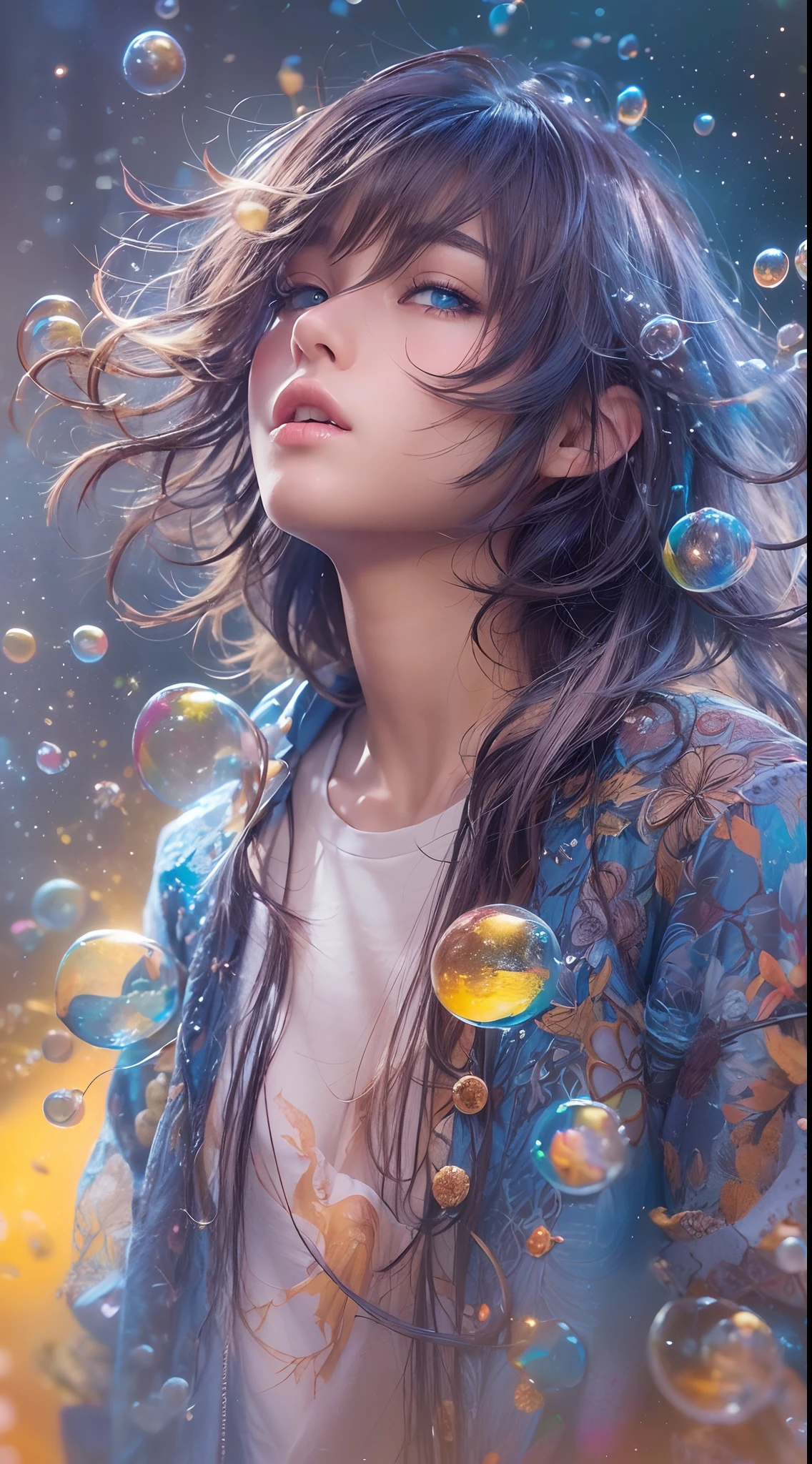 (Masterpiece), (Best quality), (Ultra detailed),(Messy hair),(illustration), (1boys,1girll), Avatar, Macro lens, (Fashionable clothing), standing,Fashion model, view the viewer, ( interview), (Simple background), Beautiful detailed eyes, Exquisite beauty, Floating, (High saturation), (colorful splashs), colorful bubble, (Shining), focus onface,