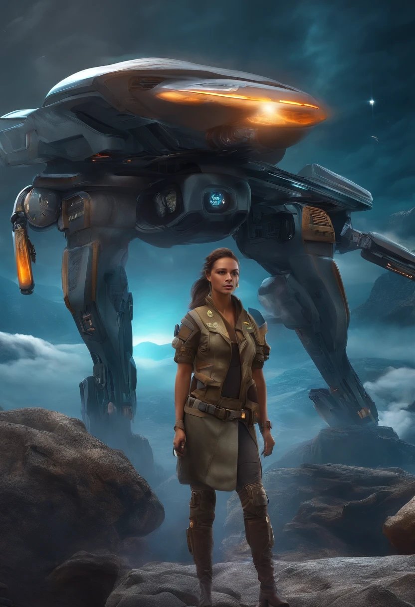 Create an android avatar art panser style based on science fiction with weapons of the future, flying cars killing monsters
