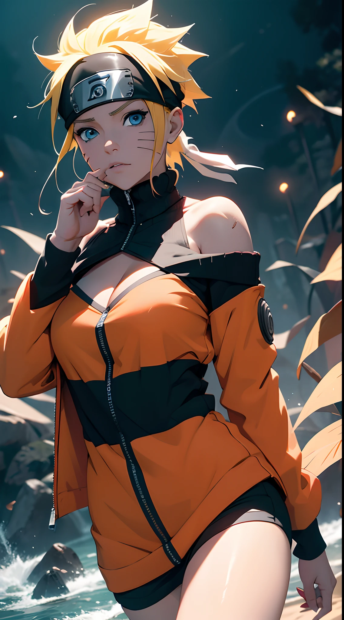 Naruto Uchiha Vortex is super realistic，detail-rich，Super short blonde hair，orange clothes，Forehead，one-girl，Large breasts，cleavage，Be red in the face，Yellow hair，best qualityer，tmasterpiece, Johnny Depp walks across the beach at night among fireflies，sharp fokus, contrasty lighting, Delicate skin, High resolution 8K, insanely details, realisticlying, professional photoshooting, 8K  UHD, SLR camera, softlighting, high high quality, filmgrain, Fujifilm XT3，Keep one's mouth shut，particle fx