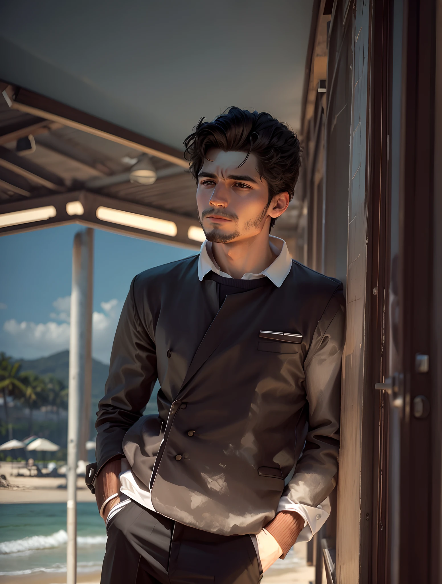 In classic suit with background in beach