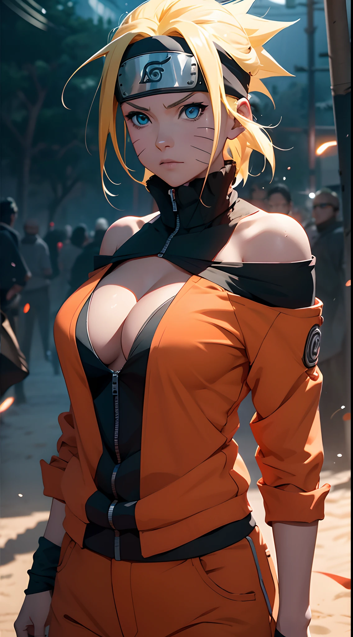 Naruto Uchiha Vortex is super realistic,detail-rich,Super short blonde hair,(Off-the-shoulder attire:1.3),Orange clothes,Forehead,one-girl,Large breasts,cleavage,Be red in the face,best qualityer,tmasterpiece, Johnny Depp walks across the beach at night among fireflies,sharp fokus, contrasty lighting, Delicate skin, High resolution 8K, insanely details, realisticlying, professional photoshooting, 8K UHD, SLR camera, softlighting, high high quality, filmgrain, Fujifilm XT3,Keep one's mouth shut,particle fx