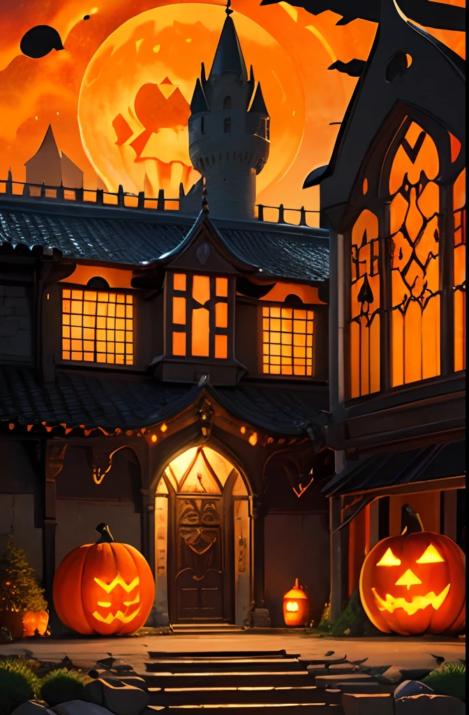 Old stone castle，There are several huge jack-o-lanterns in front of the door，Their faces are carved with various crazy expressions。The windows and towers of the castle are dotted with orange and black decorations。There can be a bunch of colorful sweets and chocolates in front of the castle，At midnight，rays of moonlight