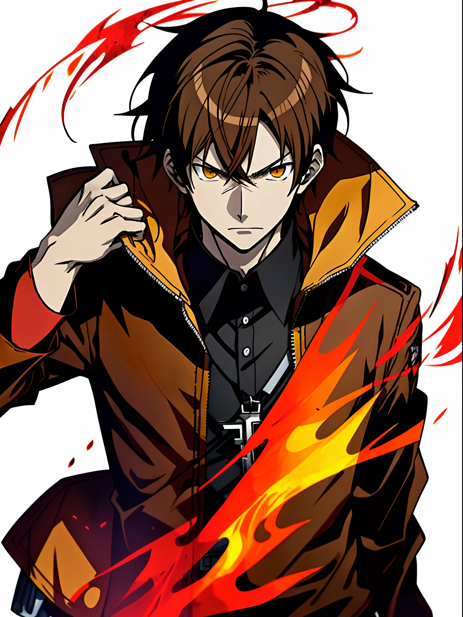 Anime characters with brown hair in black shirt,Red jacket and yellow flame, Key anime art, shigenori soejima illustration, hajime yatate, male anime character