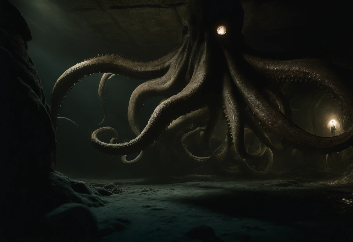 abyssal:2,ocean floor:2,Cthulhu Palace, Scary, Weird, Thrilling, Evil, Pitch black, Whispering of the evil god, Huge tentacles crawling on the ground, Dead，Panorama Figures