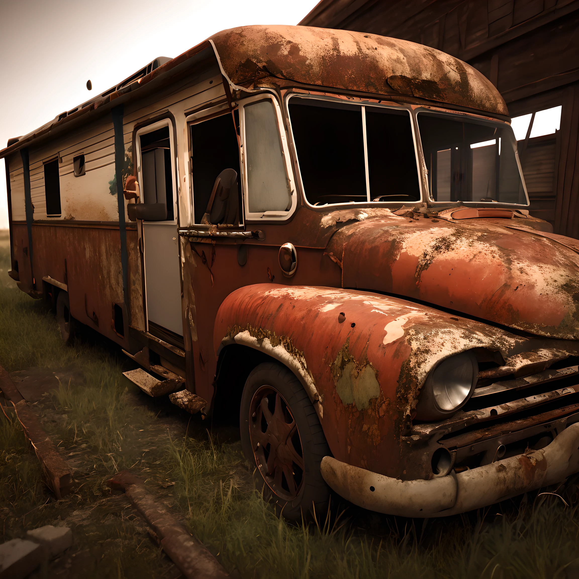 best quality, ultra-detailed, (photorealistic),
an extremely delicate and beautiful,
Motor home, Rusty car body, peeling paint, bullet holes, My RV
depth of field, film grain, professional lighting,
photon mapping, radiosity, physically-based rendering,