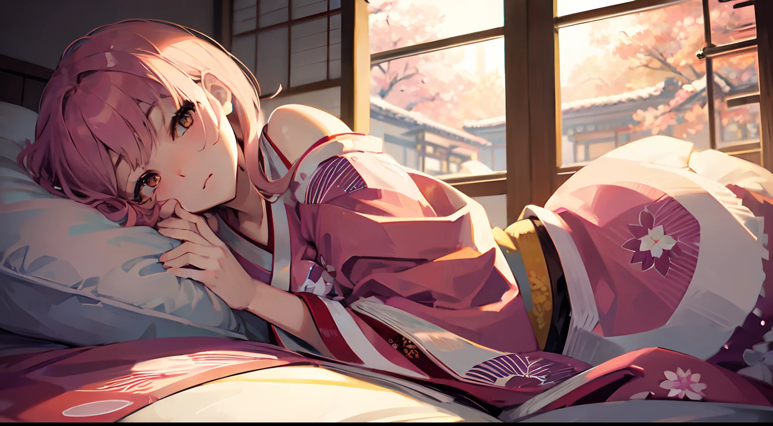 Pretty wife, Japanese, wearing kimono, large breast, sitting down, relaxing, watching window, shinny eyes, lipgloss, skinny, petite, short, holding baby, up close, cuddling baby, soft look, long eyelashes, light eyeshadow, sitting on floor, kawaii, cute, soft lighting,