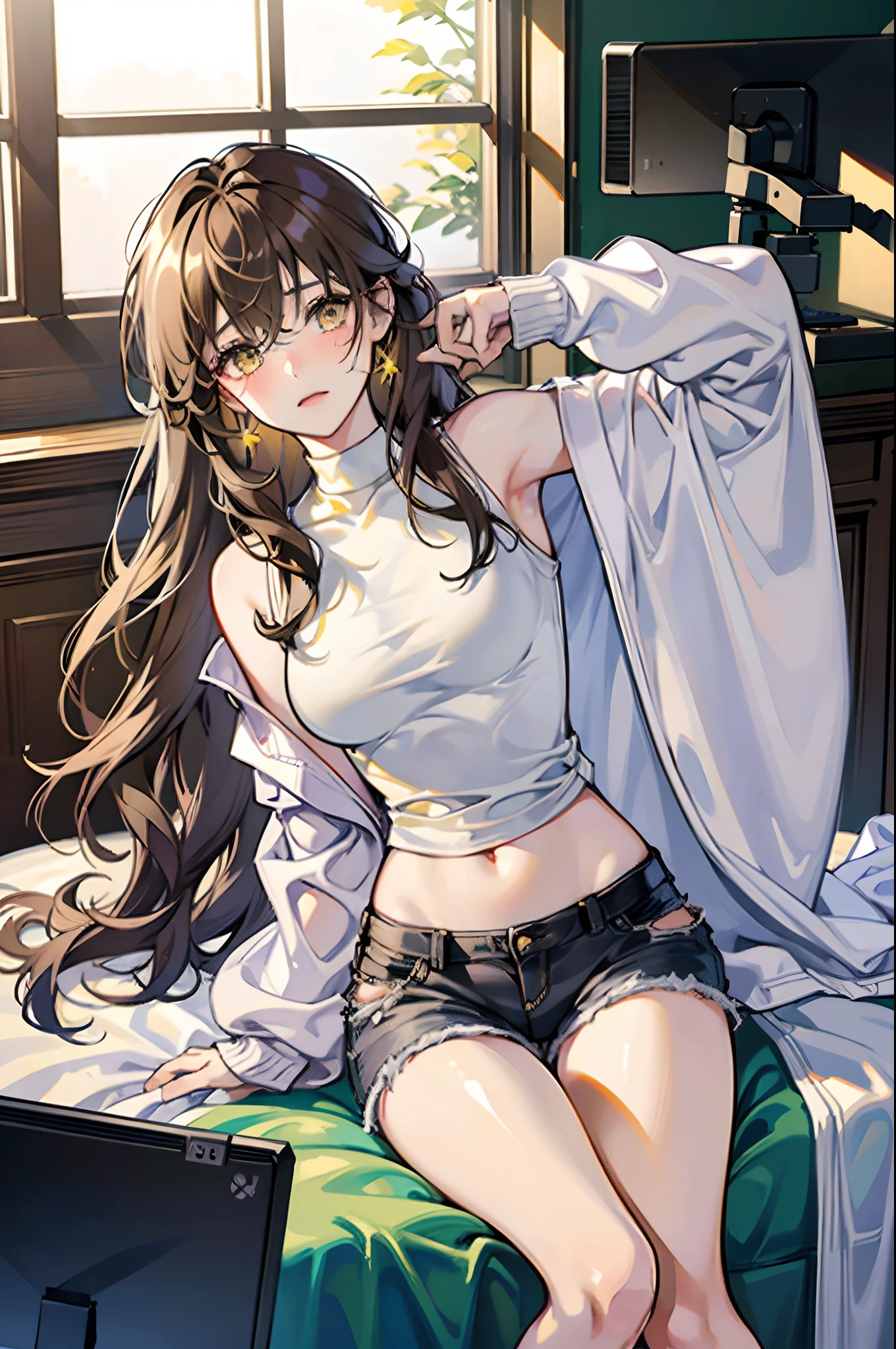 1 eighteen-year-old gamer woman, long wavy light brown hair, yellow eyes, long eyelashes, soft facial line, big breasts, small waist, shapely body, blushing, shy, innocent atmosphere, short stature, beautiful body, white skin pale jade, high resolution, 4k, detailed eyes, dressed in a large sweatshirt, a tank top and black jean shorts, ultra quality, 8k, HD, game room. amazing room, otaku, amazing computer, playing on computer, sitting on bed