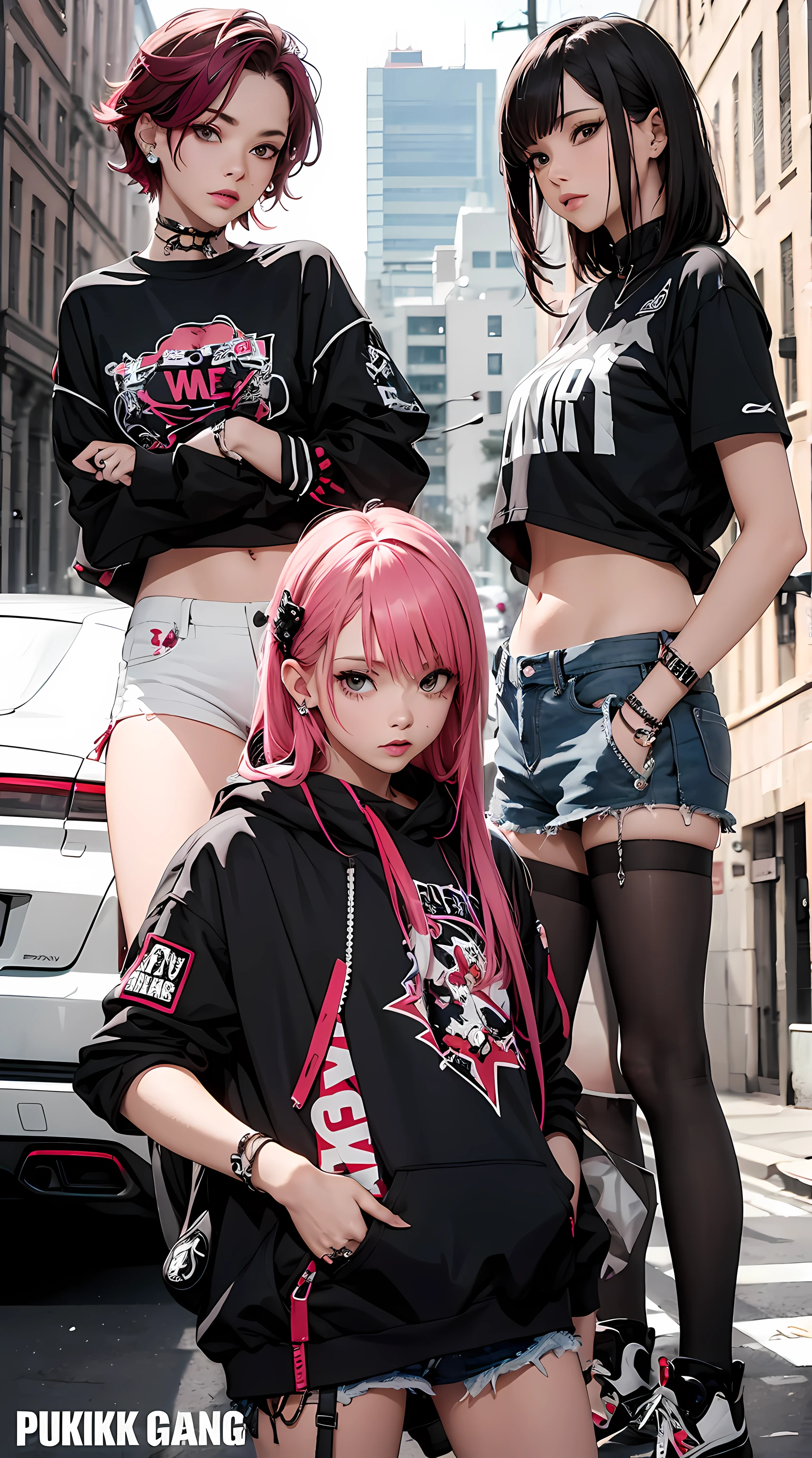 3girls walking, midriff. jirai kei, gyaru. <lora:TBCrazyGirlDesign_v230721b:0.8>