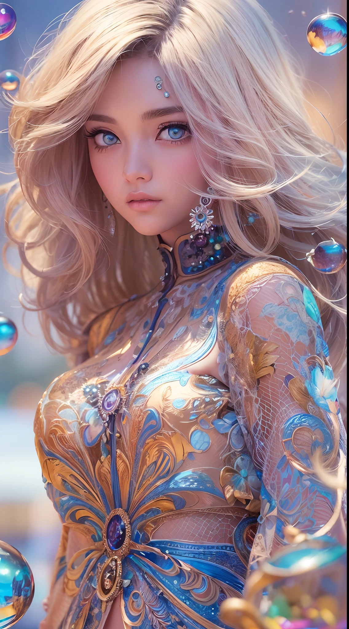 (Masterpiece), (Best quality), (Ultra detailed),(Messy hair),(illustration),Avatar, Macro lens, (Fashionable clothing), standing,Fashion model, view the viewer, ( interview), (Simple background), Beautiful detailed eyes, Exquisite beauty, Floating, (High saturation), (colorful splashs), colorful bubble, (Shining), focus on chest, Raised sexy,full bodyesbian