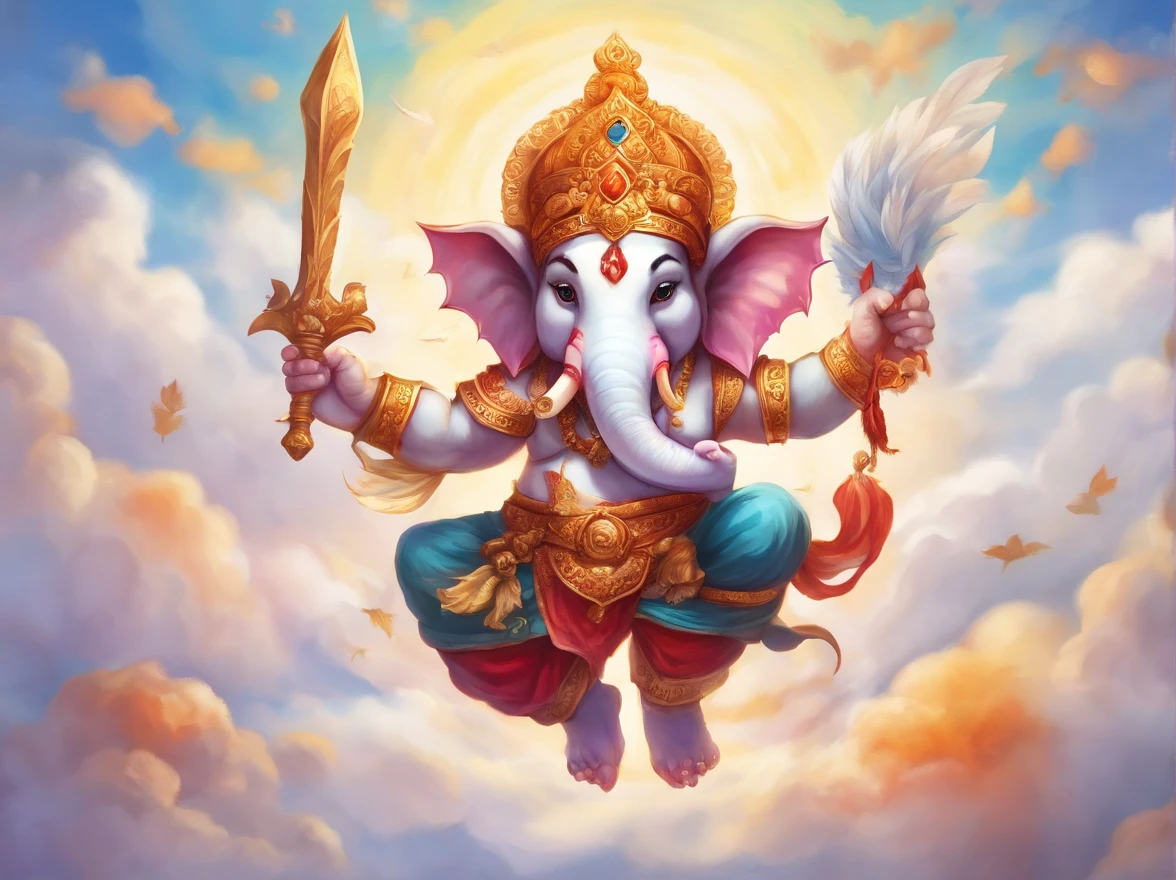 Ganesha,chibi style, floating in the air, holding weapons,cloud, sky, sun, Bird,watercolor painting.