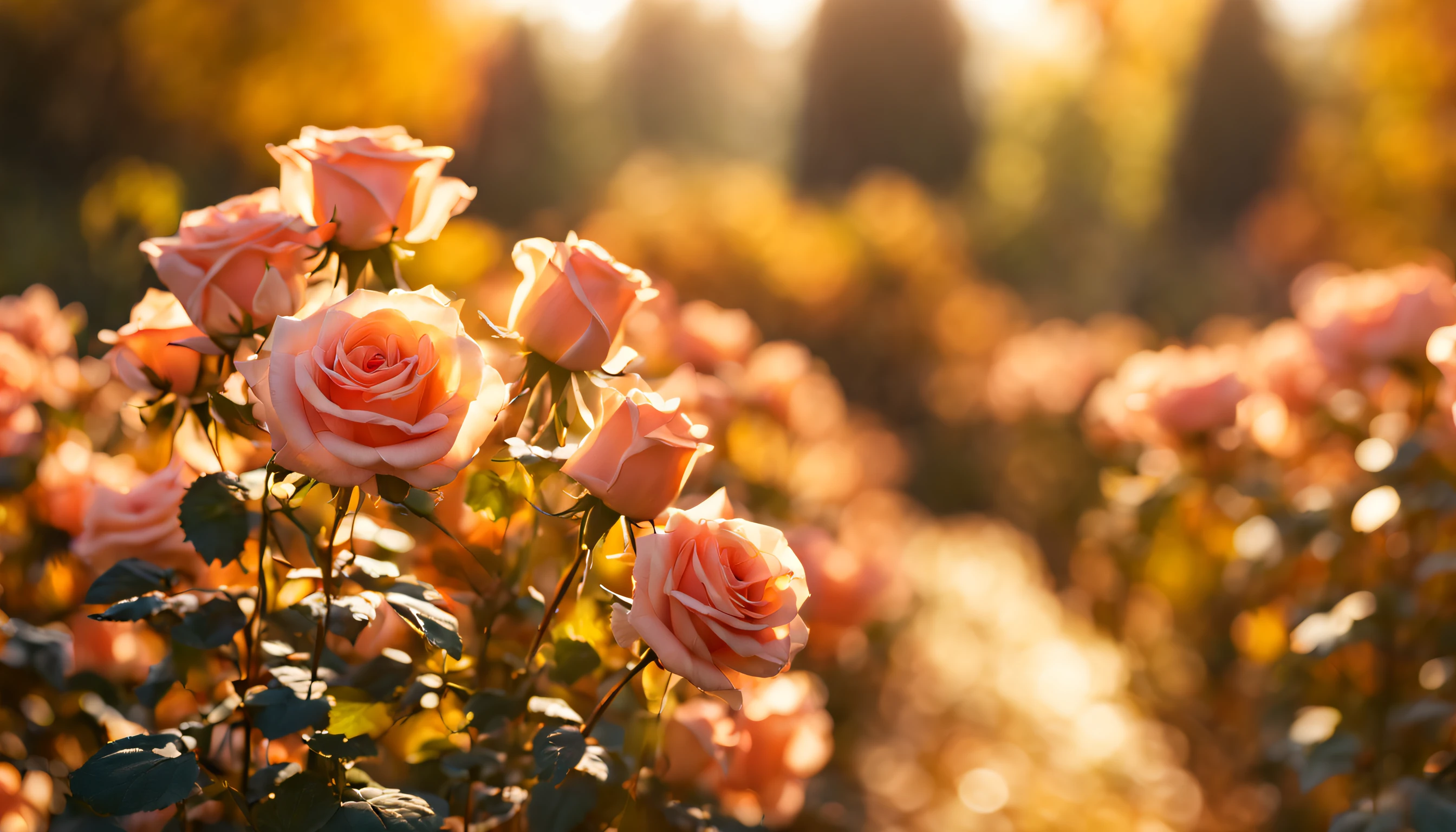 Many rose flowers in the autumn garden and sunlight with bokeh, soft autumn sunlight, autumn sunlights,golden autumn,at sunset in autumn, golden rays of sunlight, autumn garden, (masterpiece, ultra quality, high resolution, 8k, intricate: 1.2), (masterpiece), (best quality:1)