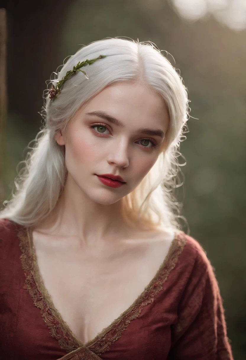 (((a deep reddish wound crosses her left cheek))) fair complexion, woman around 19 years old, natural white hair, distinctive green eyes, wearing kohl, slender and graceful, beautiful, candlelight in a medieval setting, ultra sharp focus, realistic shot, full body, full frontal nudity, tetradic colors (scar:1.4)