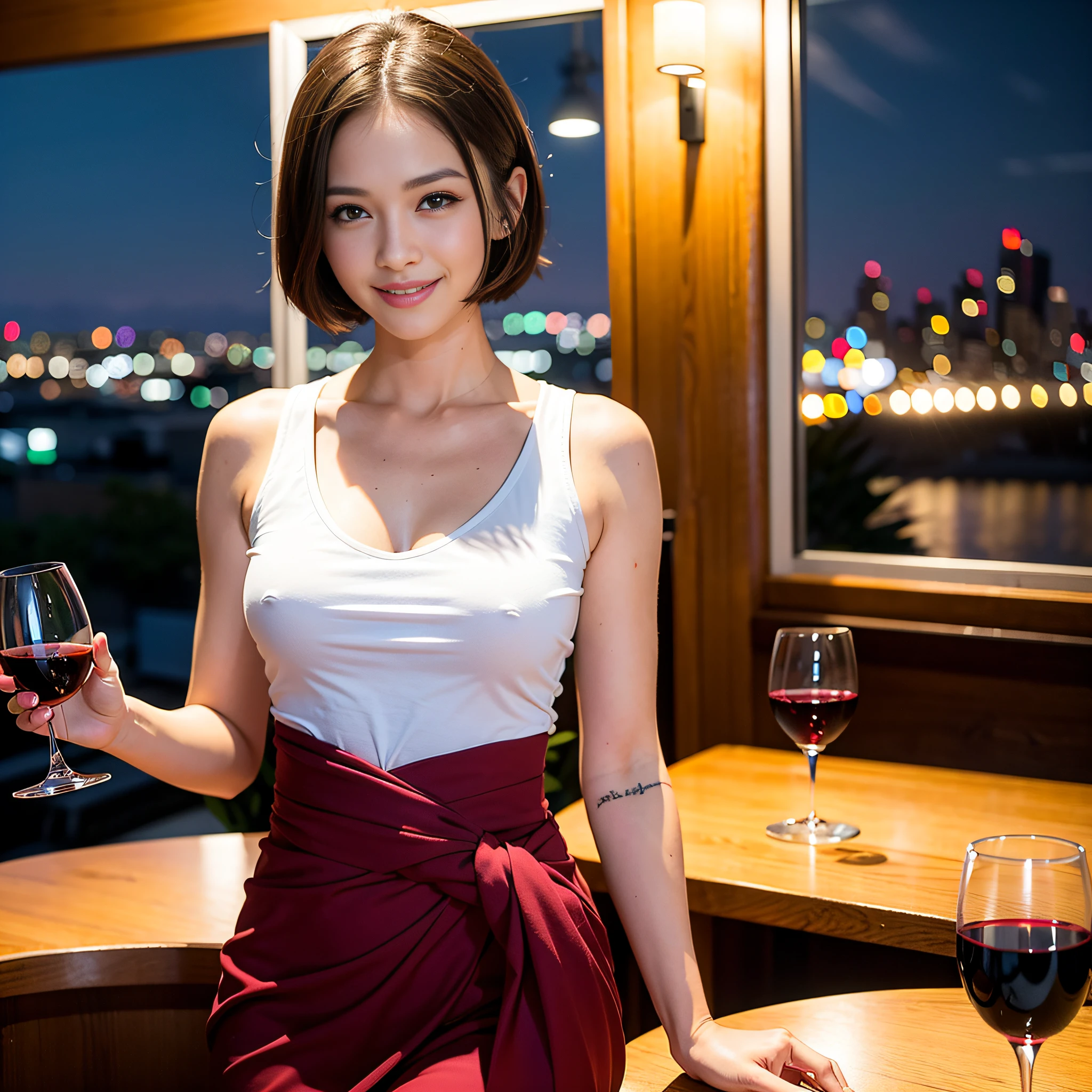 (64K, UHD, top quality, masterpiece: 1.2), (realistic, photorealistic: 1.37), super detailed, pretty woman 1 person, (slim face), (slim body), (brown hair), (short cut), cheeks slightly blushing, (35 years old), 38 years old, solo, beautiful detailed urban night view outside the window, restaurant, wine glasses sit, at night, in a prominent place (from the waist up) NovaFrogStyle, Actress, Model, Waist Up, White Wine, Slim, Wine Glass, Super Clean Night View, Wine Glass Put in the Middle, Happy Smile, (Smile: 1.15), Beautiful Fine Eyes, Upper Body, Bust Japan Up, Night, Short, Short, Actress, Model, Waist Up, White Wine, Slim, Wine Glass, Super Clean Night View, Wine Glass Put in the Middle, Happy Smile,