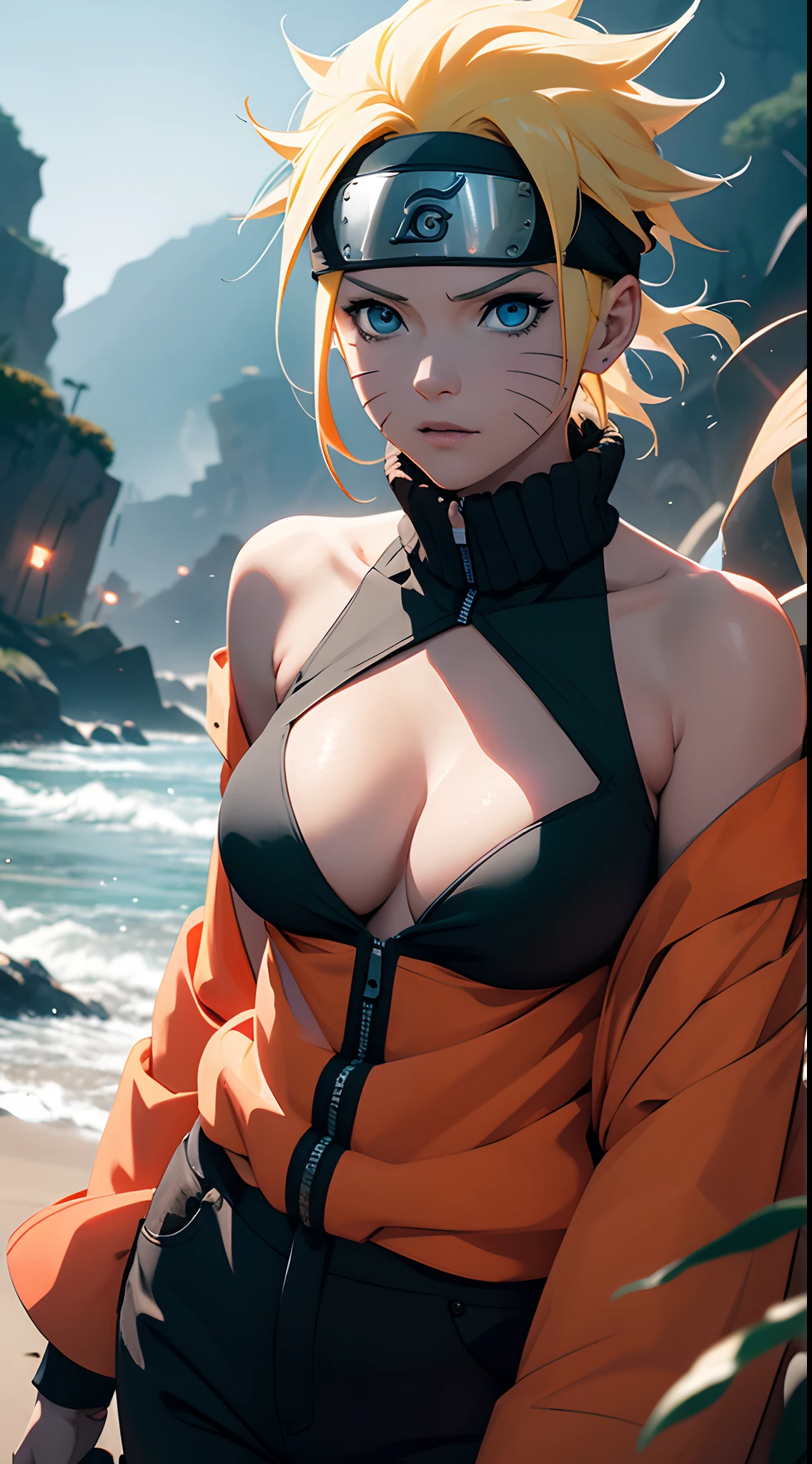 Naruto Uchiha Vortex is super realistic，detail-rich，Super short blonde hair，（Off-the-shoulder attire：1.3），Orange clothes，Forehead，one-girl，Large breasts，cleavage，Be red in the face，best qualityer，tmasterpiece, Johnny Depp walks across the beach at night among fireflies，sharp fokus, contrasty lighting, Delicate skin, High resolution 8K, insanely details, realisticlying, professional photoshooting, 8K  UHD, SLR camera, softlighting, high high quality, filmgrain, Fujifilm XT3，Keep one's mouth shut，particle fx