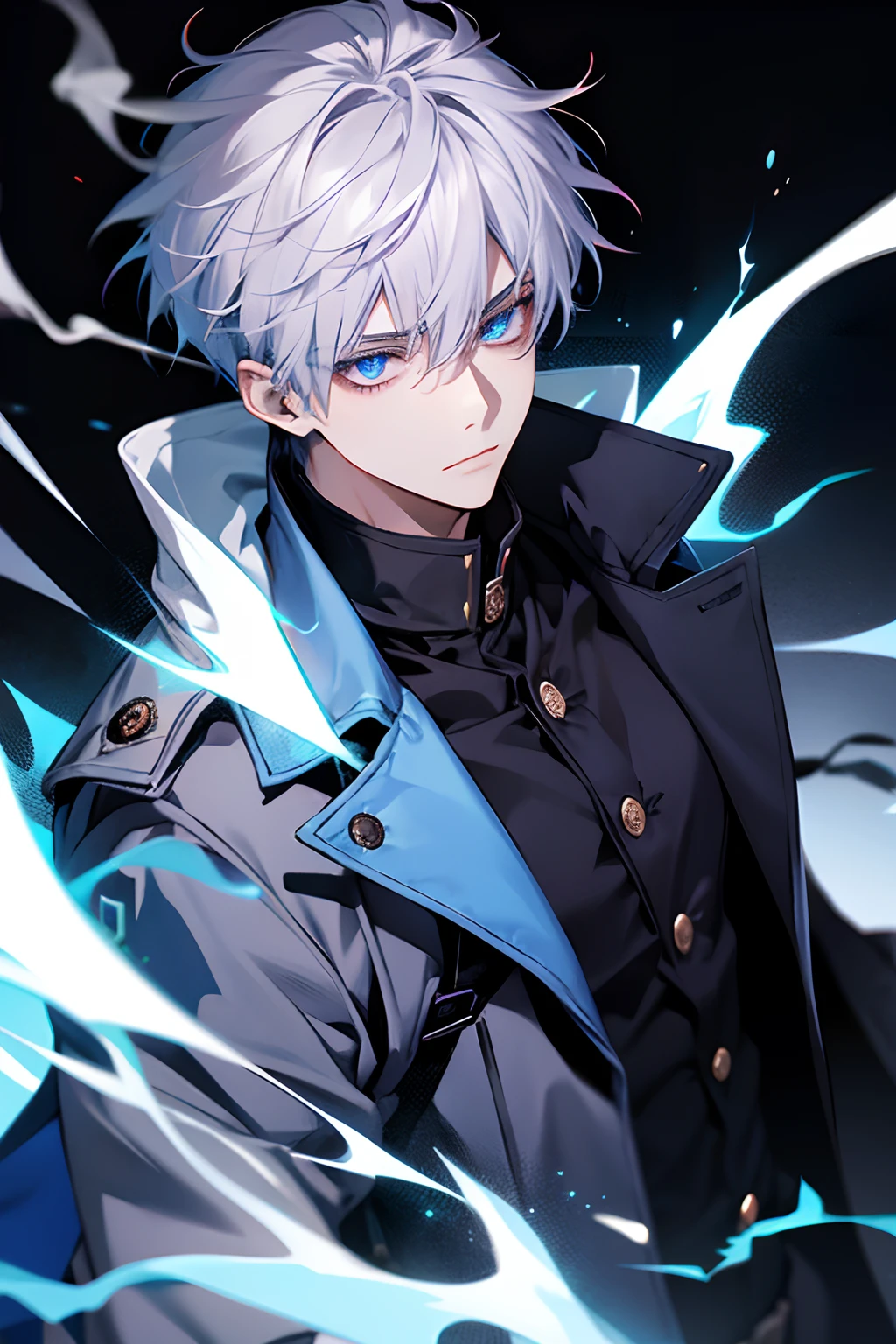 1 boy 20 years old, aura, Bilibili, Black_Background, Blue_Eyes, Blue_fire, Blurry, cigarette, coat, krystal, electricity, energy, blazing, _Bland_Eyes, high_Collar, Holding, Holding_cigarette, Lightning, long_sleeves, up looking_で_viewer, Magic, Man's_Focus, Purple_coat, It features a simple_Background, Solo, The upper part of the body_Body, white_