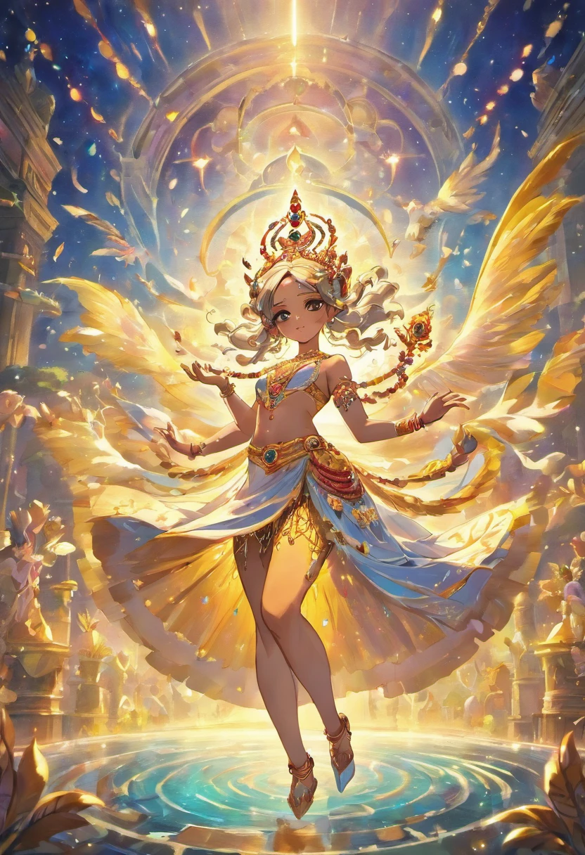 A divine portrayal of Lord Krishna, adorned with golden jewelry and a celestial aura, dancing joyously amidst a cosmic garden filled with surreal, otherworldly flora, radiating a sense of cosmic harmony and spiritual ecstasy, Sculpture, marble carving, --ar 1:1 --v 5