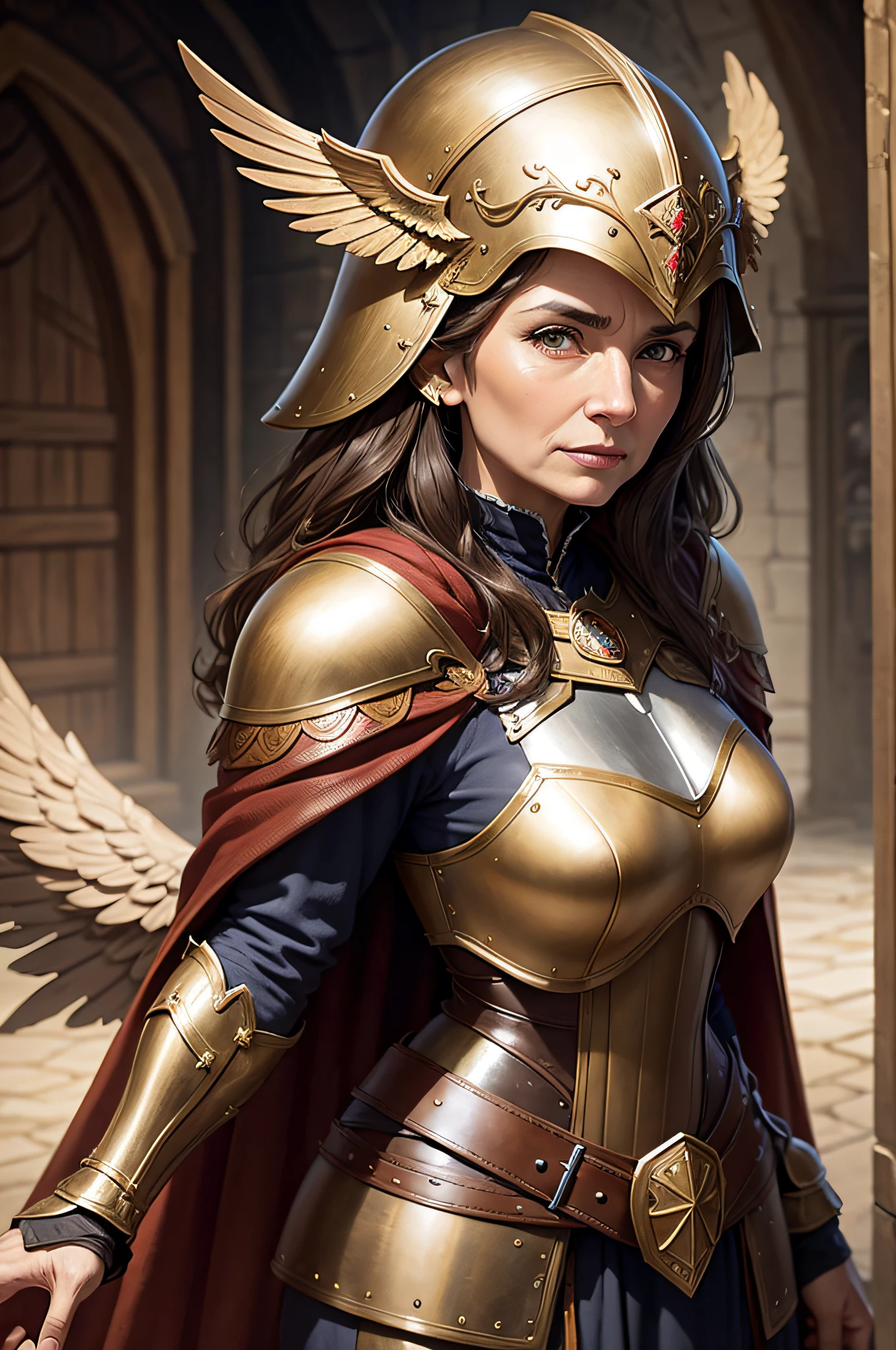 medieval setting, elderly woman, brown eyes, brown hair, winged full helmet, amazon armor, cape