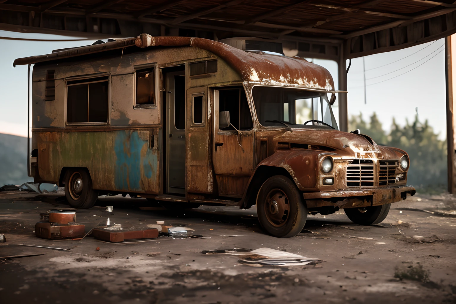 best quality, ultra-detailed, (photorealistic), 
an extremely delicate and beautiful, 
Motor home, Rusty car body, peeling paint, bullet holes, My RV
depth of field, film grain, professional lighting, 
photon mapping, radiosity, physically-based rendering, --auto