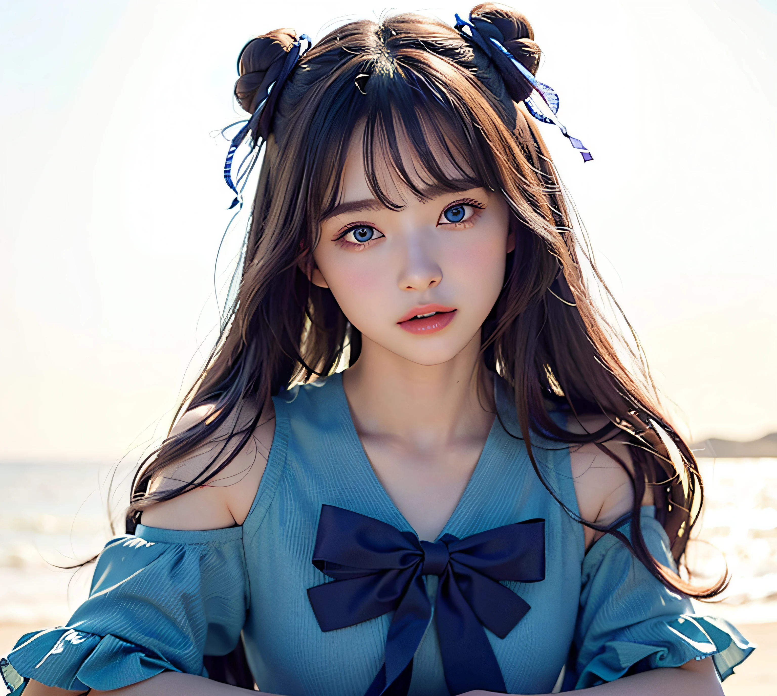masterpiece, photorealistic, 1girl, blue detailed eyes, small nose, short green dress, bright purple long hair, 2 buns, large chest , beautiful, innocent