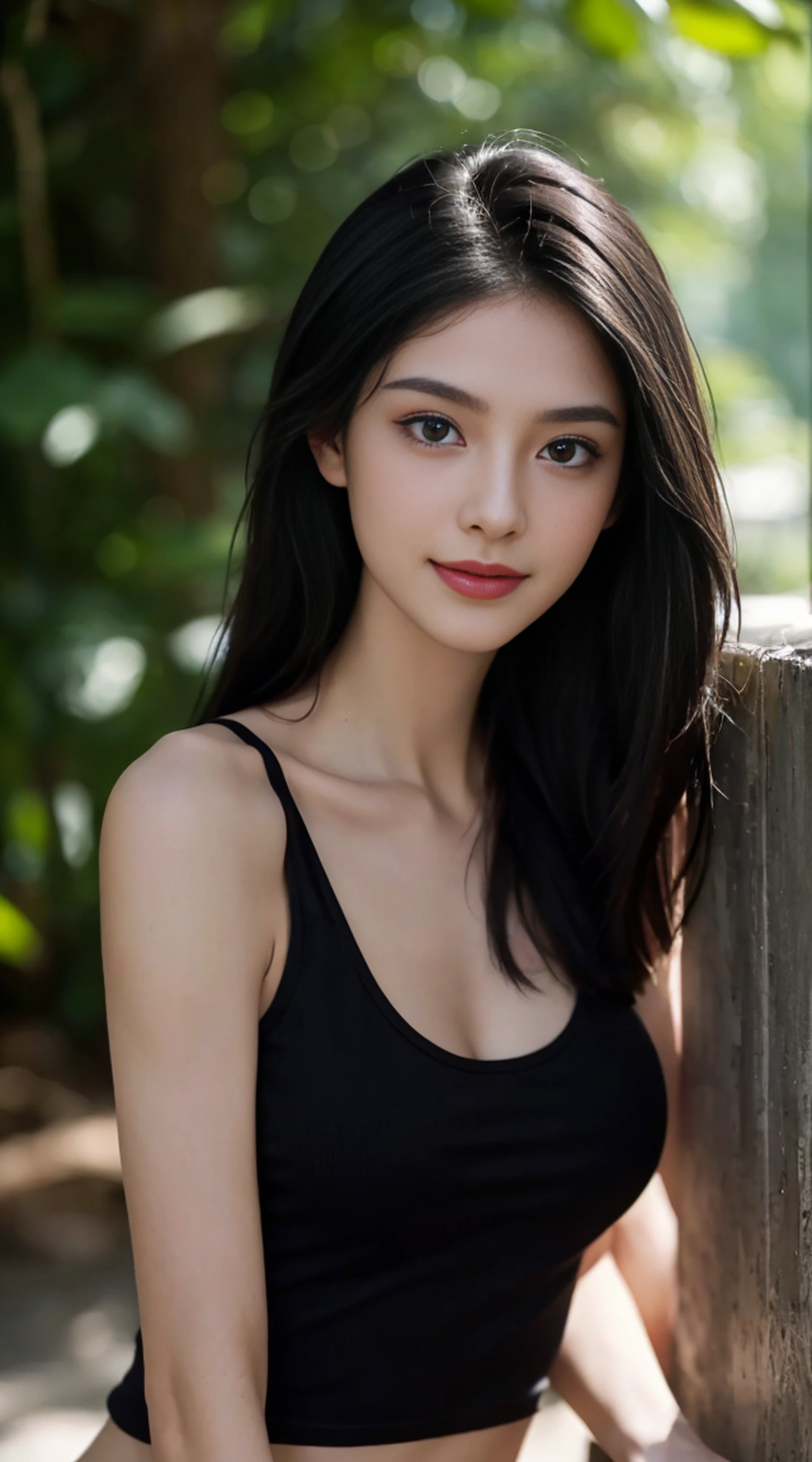 8K, Top Quality, Intricate Details, Ultra Detail, Ultra High Resolution, Masterpiece, random angle, Slender, Smile, (Makeup: 0.4), (Fluffy Blue Eyes: 1.21), blue Eyes, looking at viewer, ((full body)), 1girl, solo, 1 girl, (( full body)), close up shot, , ((tall)), (((fit body))), (((slim face))), sharp face, sharp eyes, (((black hair, long hair, )) , (detailed face), sharp face, small lips, windy ,
(( )), ((wearing torn outfit made of leaves, ))), detailed face, detailed breast, , large breast, detail ass, , Beautiful girl with accentuated slender abs: 1.4, Six Pack Abs: 1.4, Bust Botox, Big, Perfect Body, detail leg, (( deep jungle)),