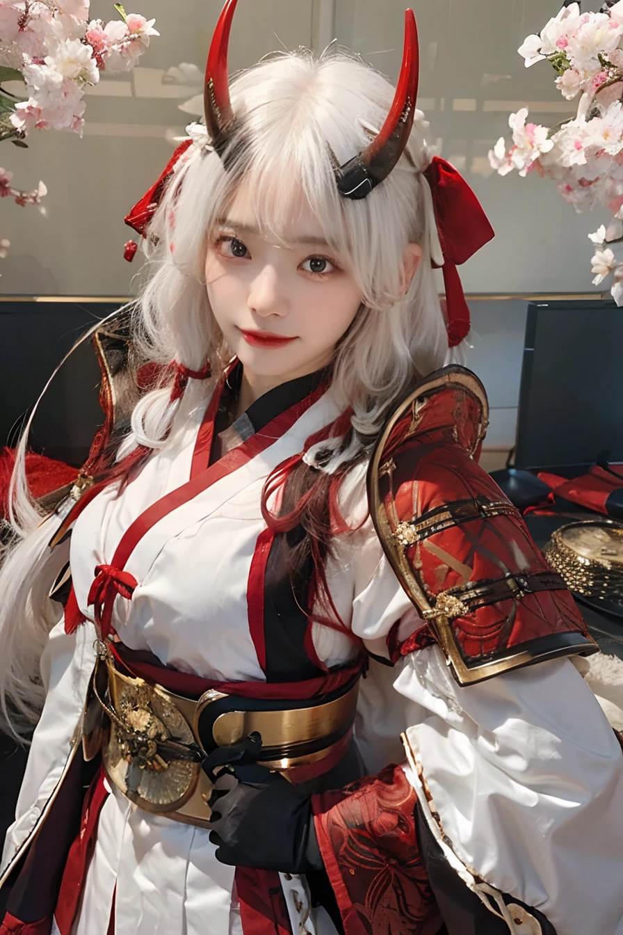 1girl, tomoe gozen, oni horn, long hair, white hair, realistic, ultra detail, 8k, 70mm lens
