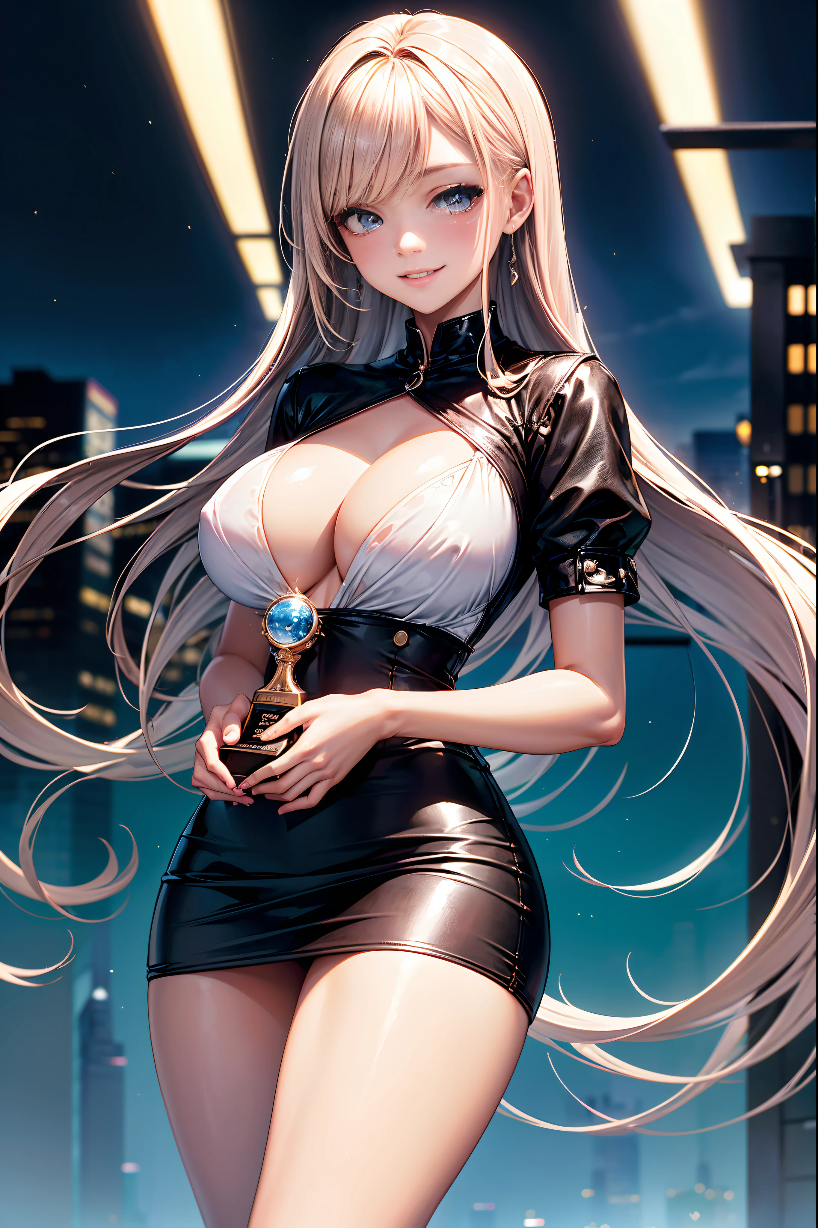 ((Cute and beautiful woman changing clothes)), ((22-year-old beauty)), ((embarrassed smile)), ((luscious long hair)), ((voluptuous bust)), ((outstanding style)), ((miniskirt)), ((gradient eyes)), ((background is a city night view)), attractive makeup, single view, NFFSW, UHD, retina, masterpiece, accurate, anatomical, scientifically correct , textured skin, super detail, high detail, high quality, award winning, highest quality, high resolution, 1080P, HD, 4K, 8k, 16k