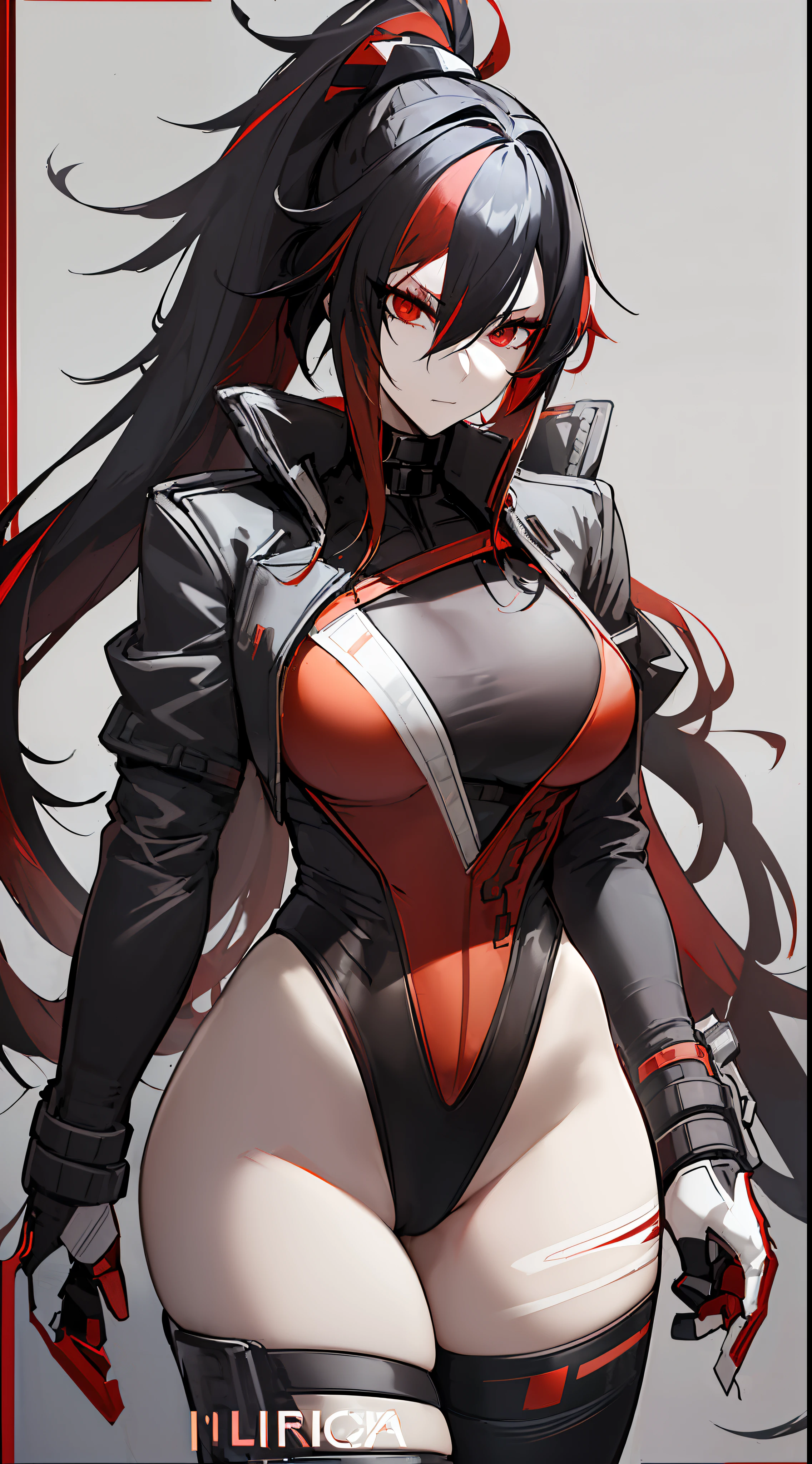 (best quality, masterpiece, anime) (solo) ((black hair:1.8), (hair with red highlights:1.7), (very long hair, single ponytail)), ((heterochromia_eyes_red_and_grey:1.4)), thick thighs, huge breasts, muscular, athletic, (cyborg:1.5), (robot arms:1.4), (robot legs:1.4), ((highcut leotard:1.8), one-piece, red_black_outift:1.3,) cleavage)), (jacket:1.5), (headgear, horn-like devices), toned body, 1 woman, (age 26), ((holding sword:1.6, katana, glowing)), beautiful, sexy, first rate body, (Lucia_Crimson_Weave:1.4), Lucia