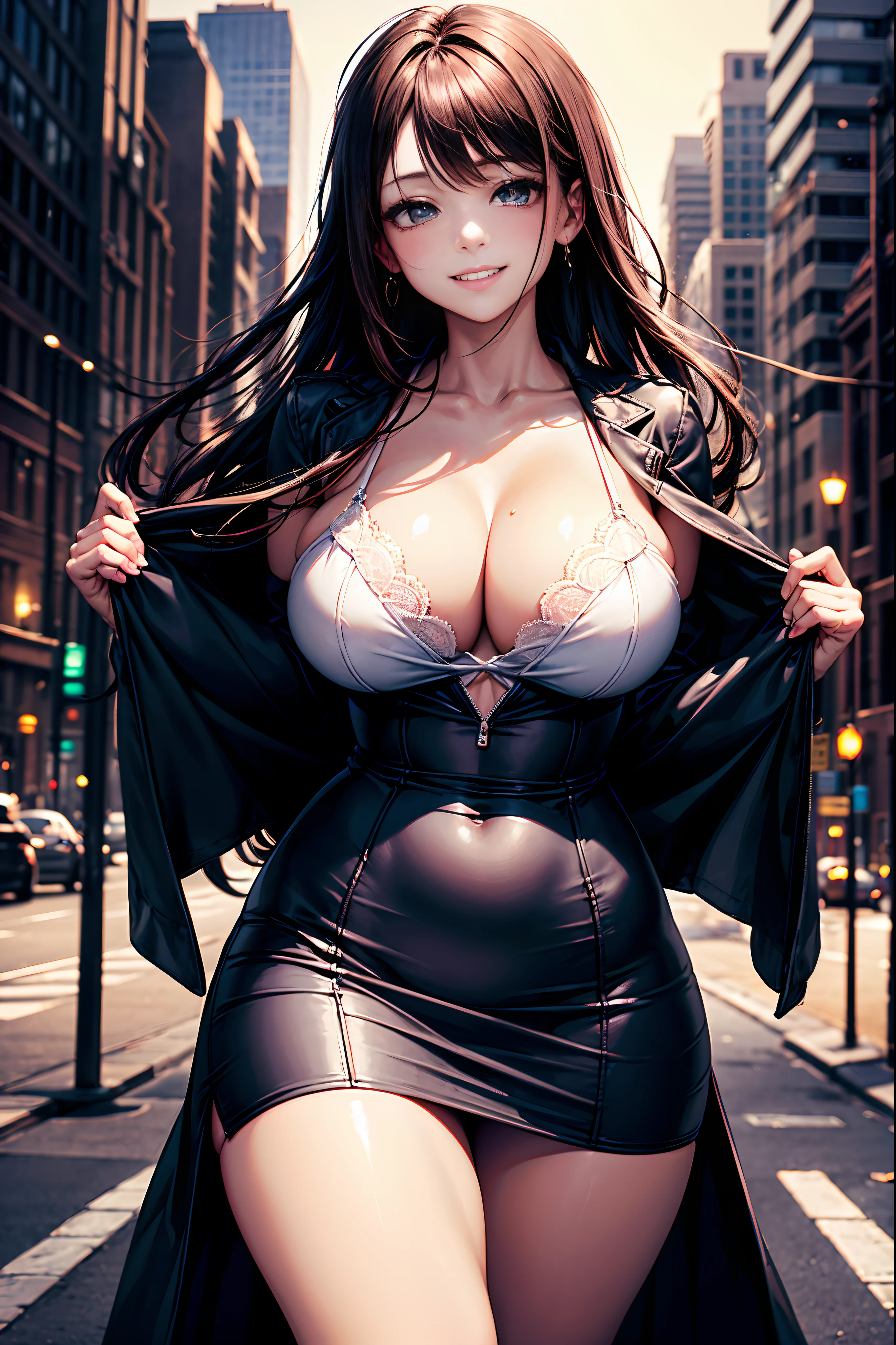 ((Cute and beautiful woman changing clothes)), ((22-year-old beauty)), ((embarrassed smile)), ((luscious long hair)), ((voluptuous bust)), ((outstanding style)), ((miniskirt)), ((gradient eyes)), ((background is a city night view)), attractive makeup, single view, NFFSW, UHD, retina, masterpiece, accurate, anatomical, scientifically correct , textured skin, super detail, high detail, high quality, award winning, highest quality, high resolution, 1080P, HD, 4K, 8k, 16k