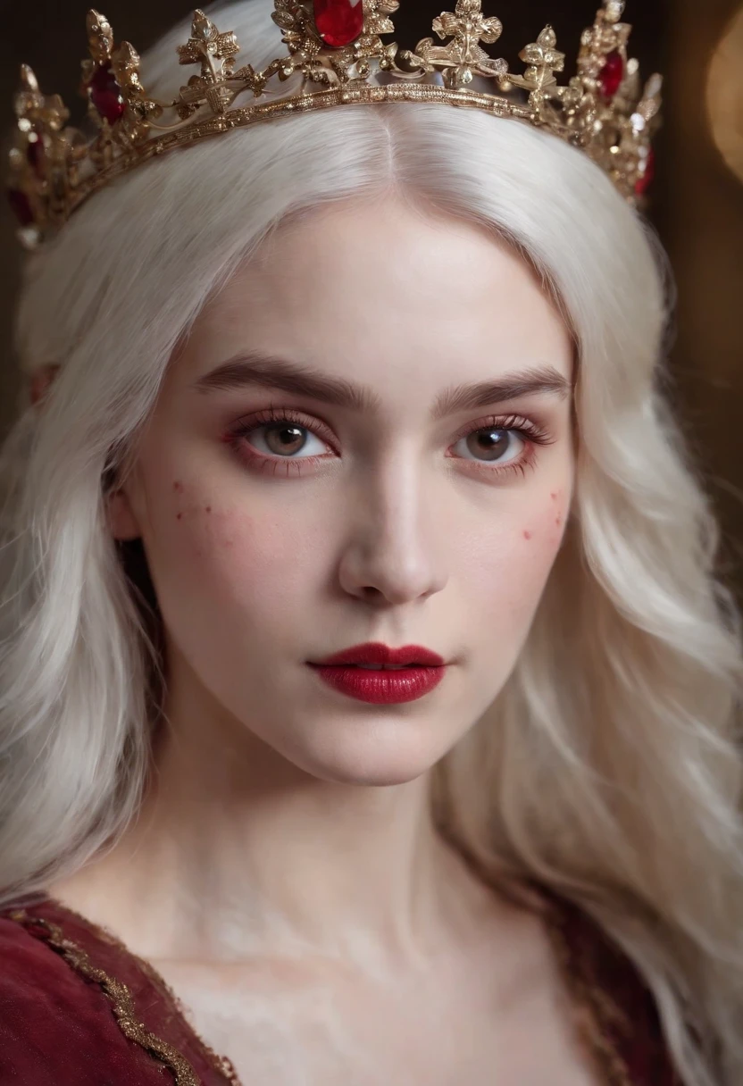 (((a deep reddish wound crosses her left cheek))) fair complexion, woman around 19 years old, white hair, stand with her crown looking at viewer